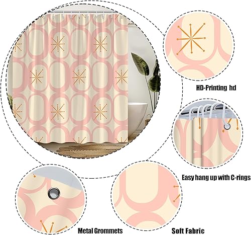 Miniatura 3 de Mid Century Shower Curtain Modern Abstract Atomic Round Squares Retro 50s Geometric Bathroom Decor Polyester Curtains with Hooks