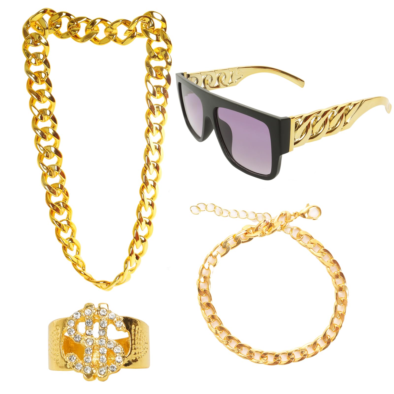Gvhntk 4Pcs 80s 90s Hip Hop Costumes Outfit Kit Accessories Fake Gold Chain Necklace Sunglasses for Men Women Rapper DJ Punk