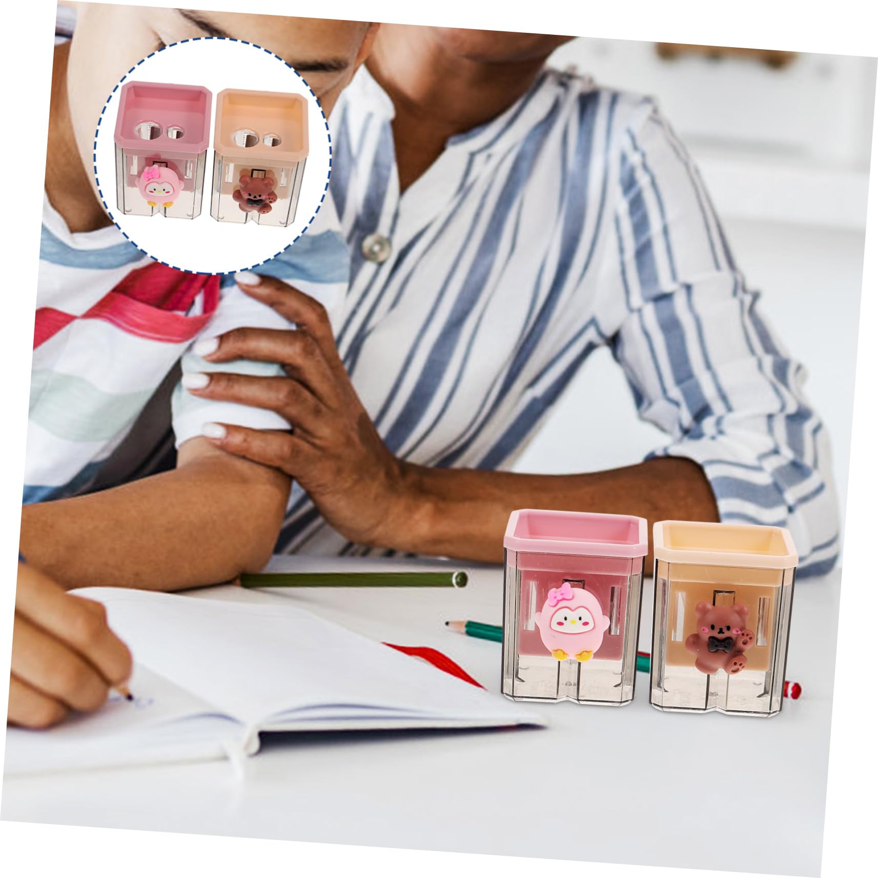 Taille-crayons Portables Double Trou, Lot De 2 En Plastique, Motifs Ours Et Pingouin, Maison Et L'école, 4.8x4cm