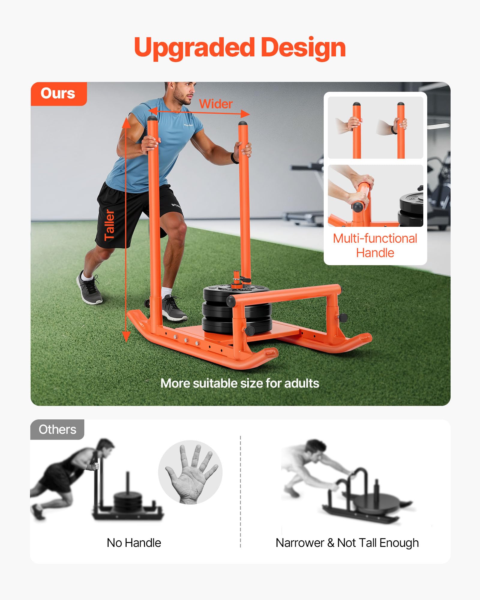 VEVOR Gewichtsschlitten Kraftschlitten Krafttrainingsschlitten zur Verbesserung der Geschwindigkeit bei sportlichen Übungen, Fitnessgerät mit Griff, Kompatibel mit 25/51 mm Gewichtsscheiben, Orange