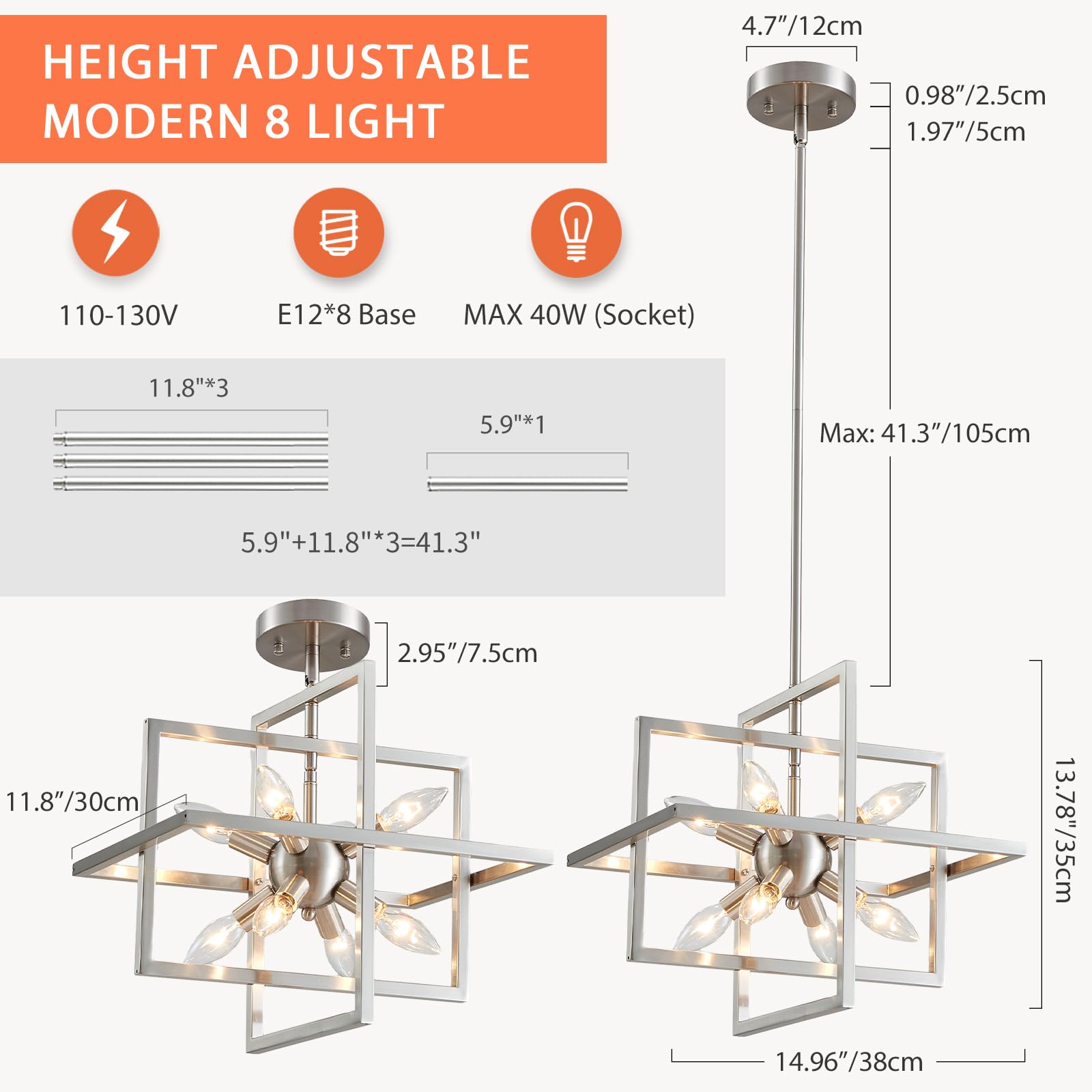 Candelabro de níquel cepillado, 8 luces, moderna y geométrica, lámpara de techo para comedor, cocina, isla, sala de estar, dormitorio, pasillo 2