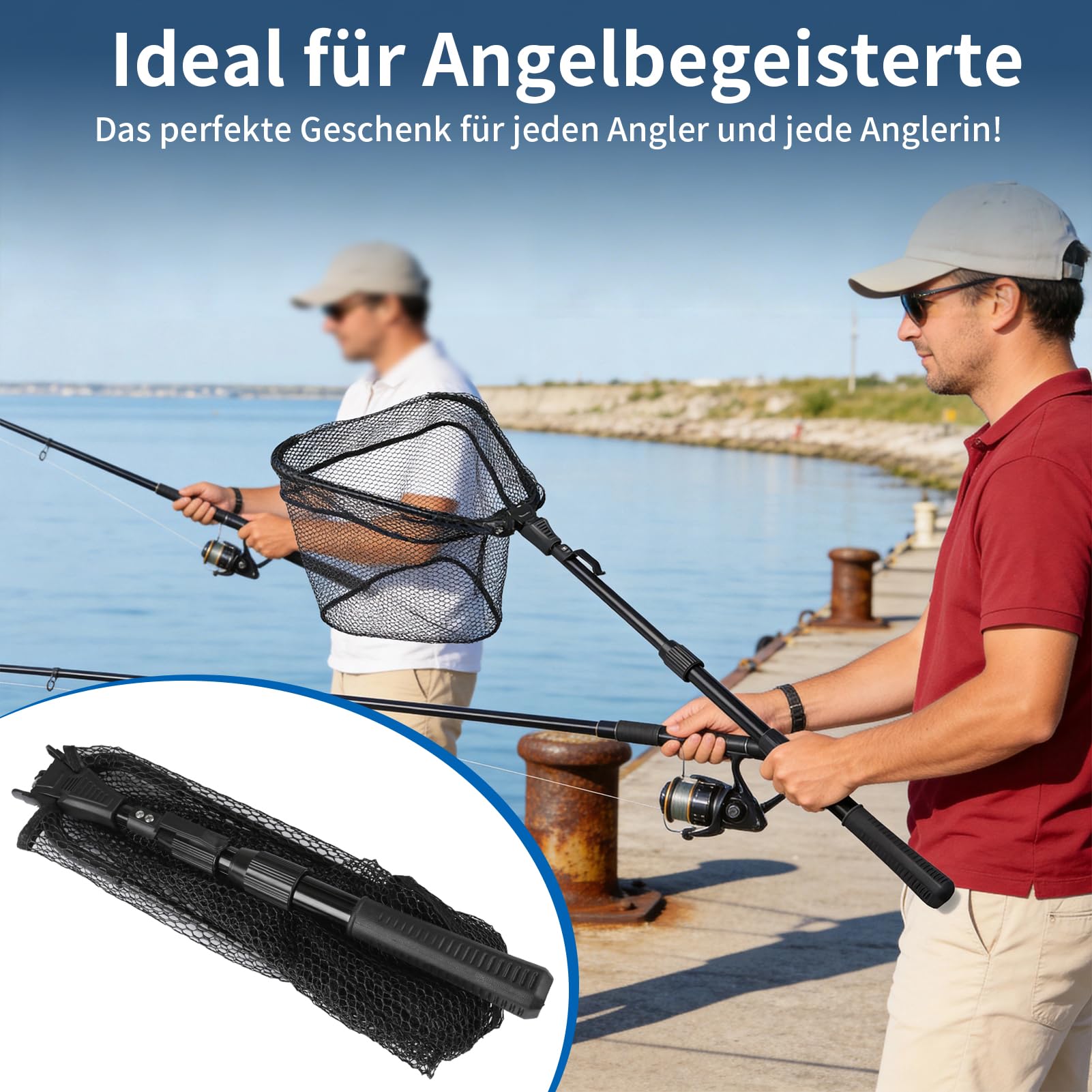 Fishing Kescher Angeln, Teleskop Gummierter Angelkescher - Stabil, Faltbar und Fischfreundlich, Unterfangkescher Angel Kescher Teich Karpfenkescher für Teich Pool Angeln