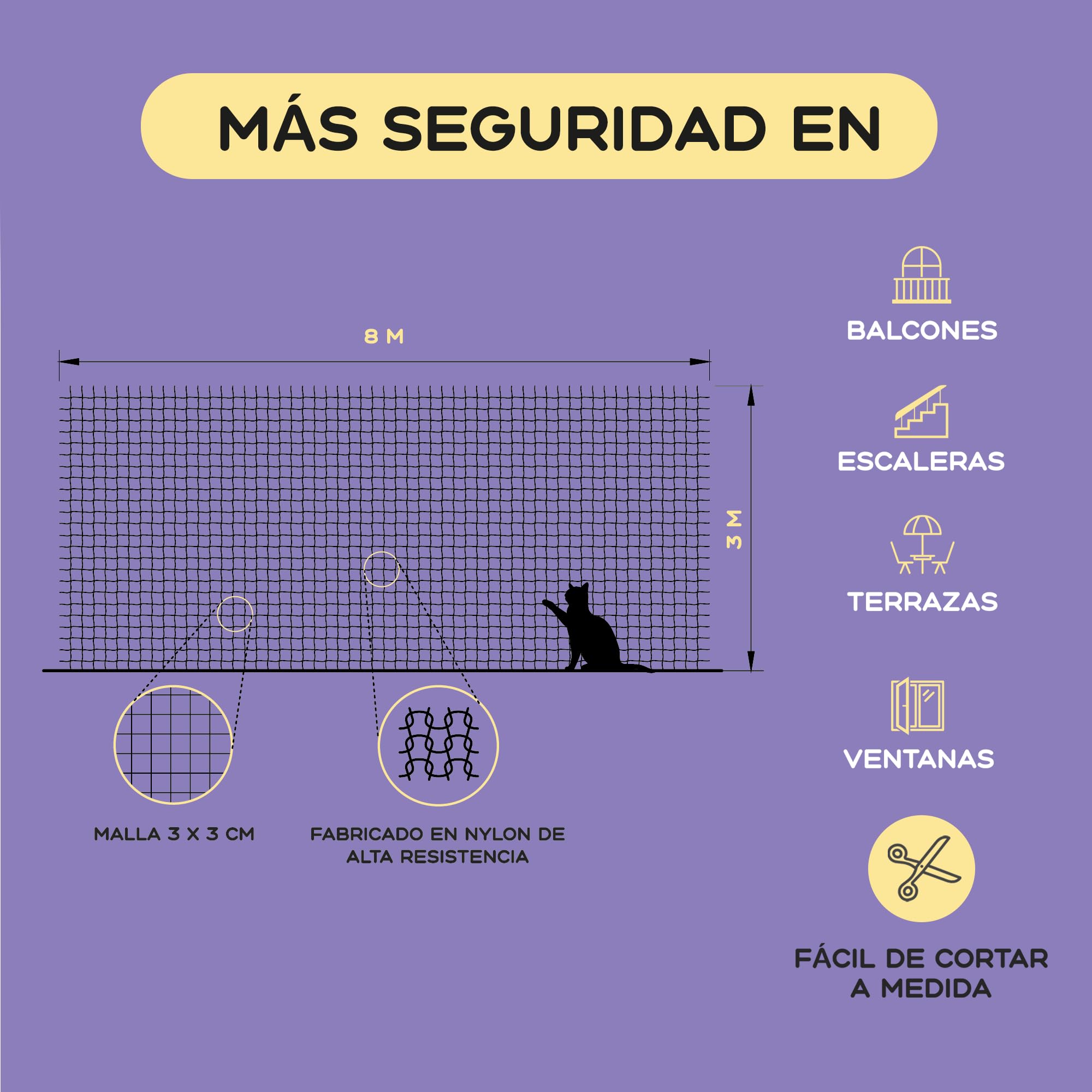 Red para Gatos Terraza Reforzada (8x3m) + Kit Instalación + Instrucciones. Red Gatos Ventanas y Terraza, de Color Negro, Refuerzo de Acero Inoxidable 12+1 (8x3m)