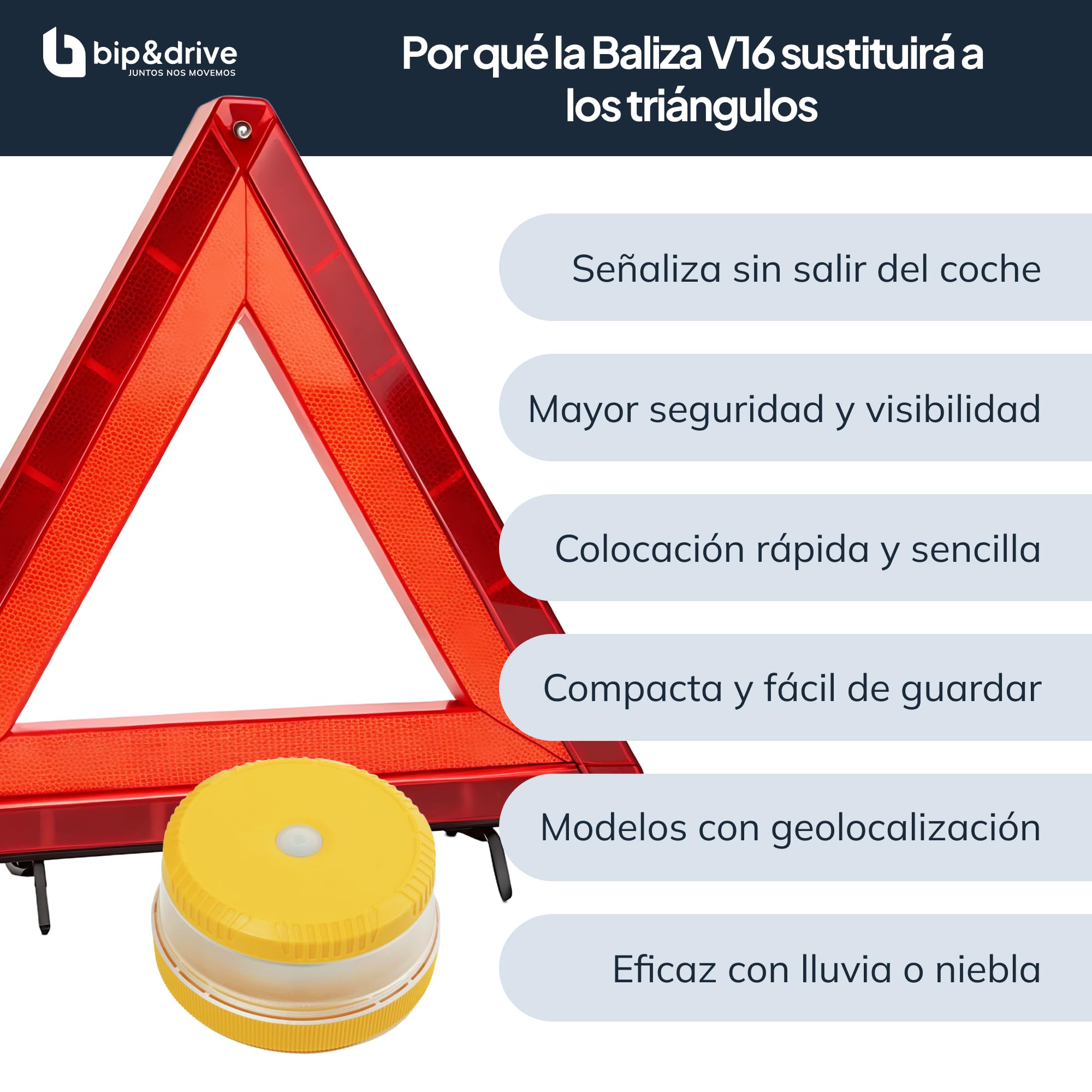 Baliza V16 Homologada DGT Geolocalización Luz Emergencia Coche LED 360° 1km Conectada Plataforma DGT 3.0 Resistente Lluvia Base Imantada Bip&Drive