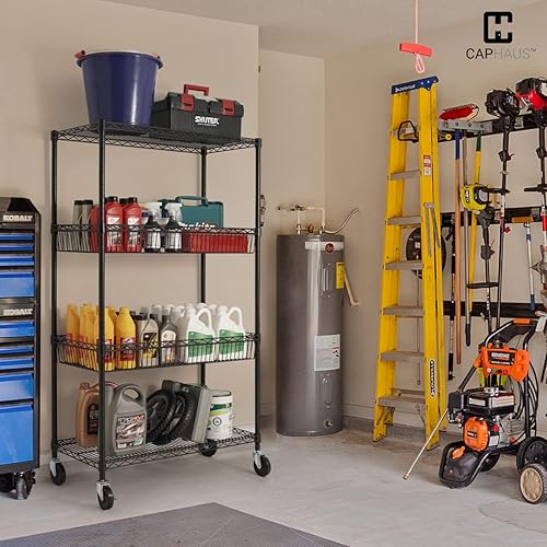 Miniatura 9 de CAPHAUS NSF - Estantería de alambre comercial resistente de 4 niveles con dos cestas trapezoidales, ruedas, pies de nivelación, estante de metal de