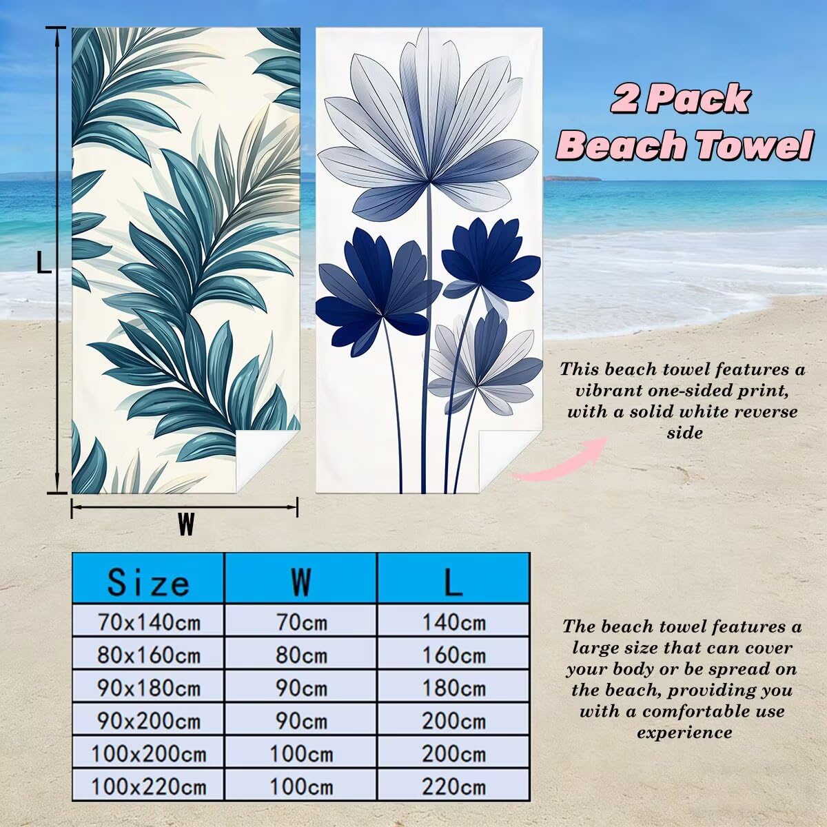 Ręcznik plażowy XXL, 90 x 180 cm, zestaw 2 szt., ręcznik plażowy z mikrofibry, prosty, szybkoschnący, do sauny, fitness, bez piasku, ręcznik plażowy, do sauny, duży ręcznik kąpielowy, prezent dla