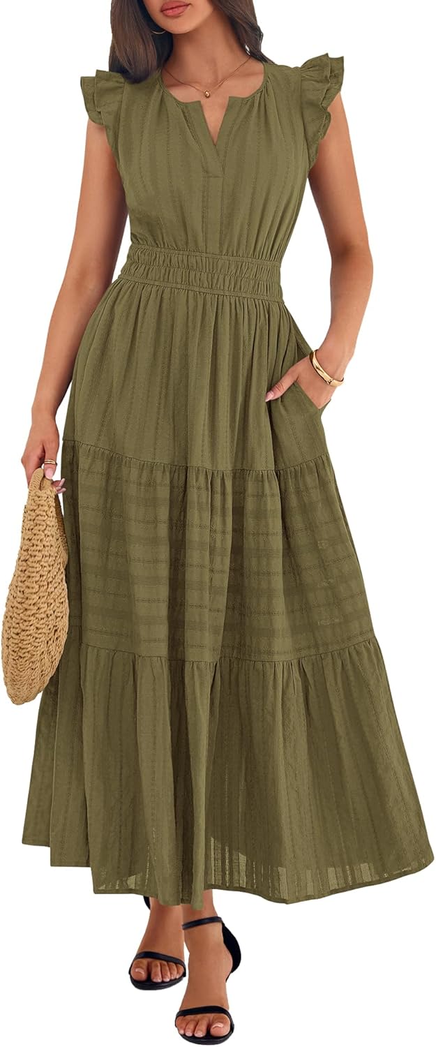 BTFBM Womens Summer Maxi Dress 2026 Spring Boho Vacation Ruffle Flutter Short Sleeve A Line Tiered Flowy Dresses Pockets - Image 2