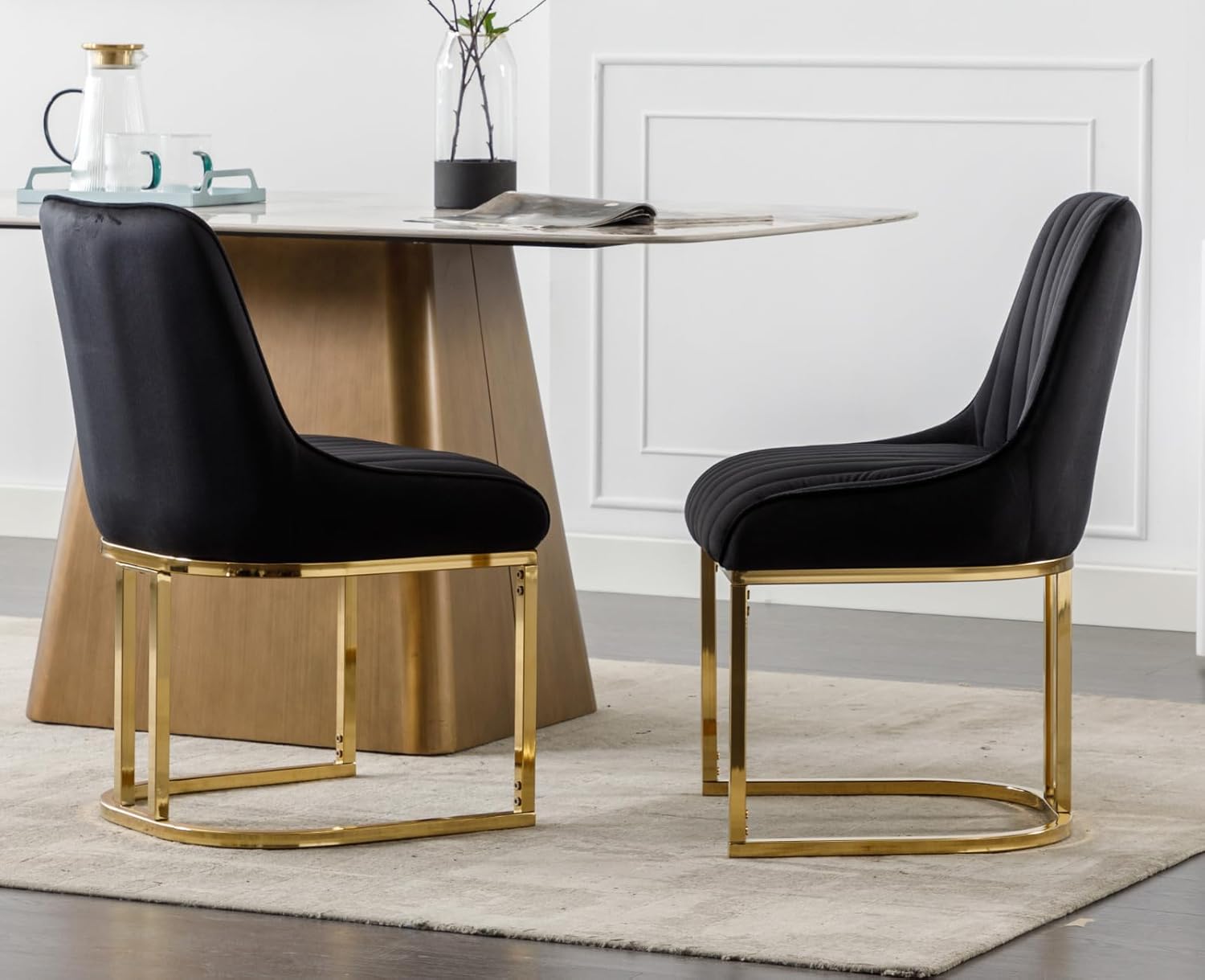 EALSON Velvet Upholstered Dining Chairs Set of 2 Modern Accent Dining Room Chairs with Gold Metal Base Comfy Padded Kitchen Chairs Armless Side Chairs for Kitchen Dining Room, Black