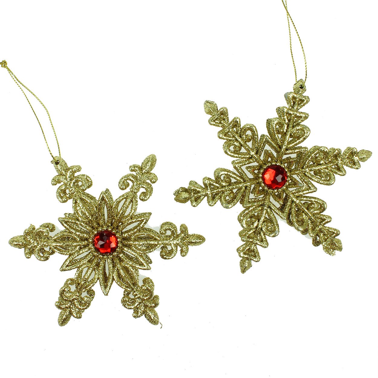 Gisela Graham Gold/Red Set Of 2 Glitter Snowflakes Decorations With Jewel Centres 12Cm