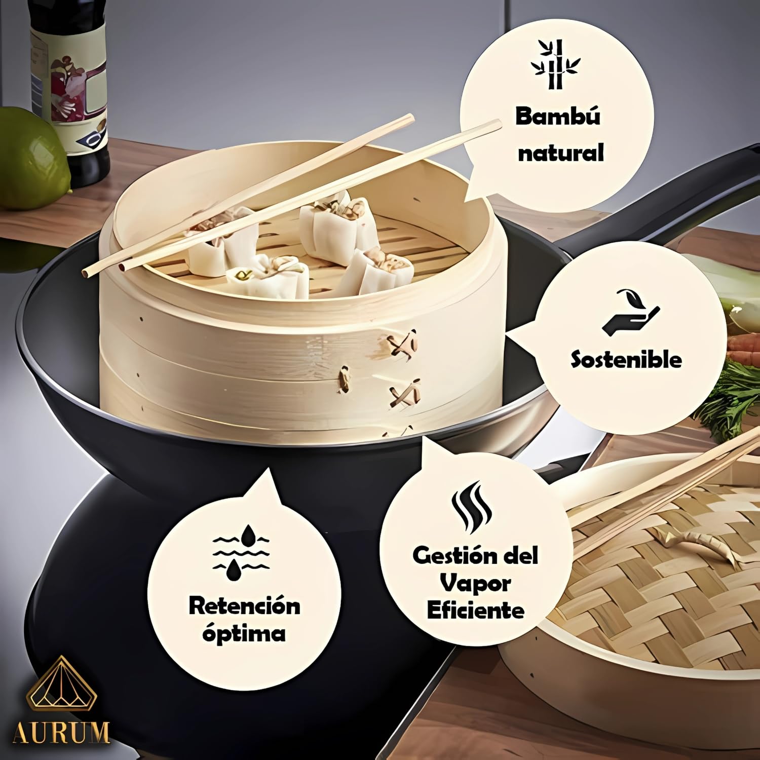 Aurum® Vaporera de Bambú 2 Niveles, en 20 cm y 25 cm - Incluye Accesorios - Vaporera Cocinar Vapor Bambú, Steamer for Cooking, Cocedero de Vapor (ø25)
