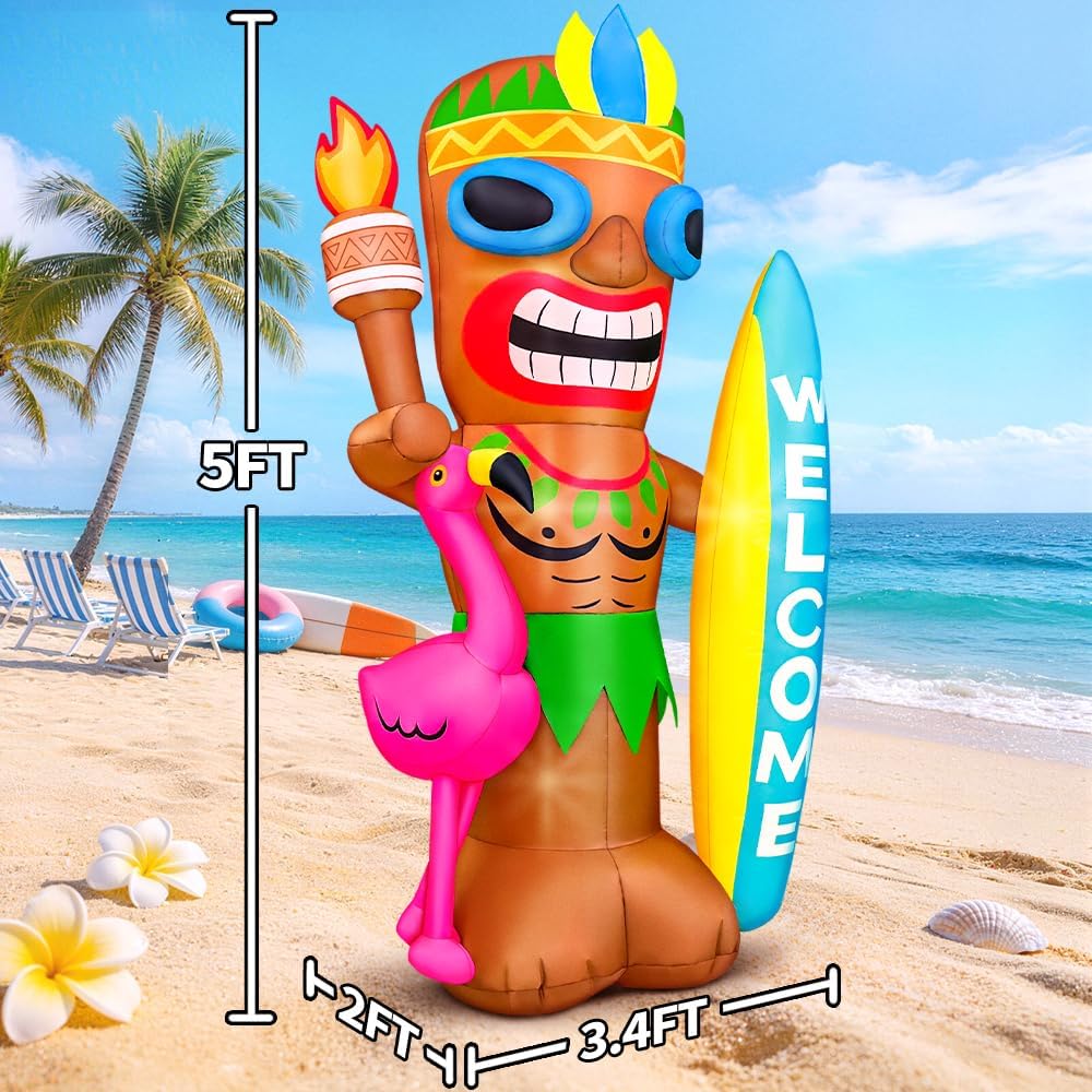 KOOY 5FT Tiki Inflatables with Flamingo and Surfboard for Luau Party Decorations, Built-in LED Blow up Hawaiian Decor Outdoor, Summer Inflatables Outdoor Decorations for Luau Aloha Bar Beach Pool