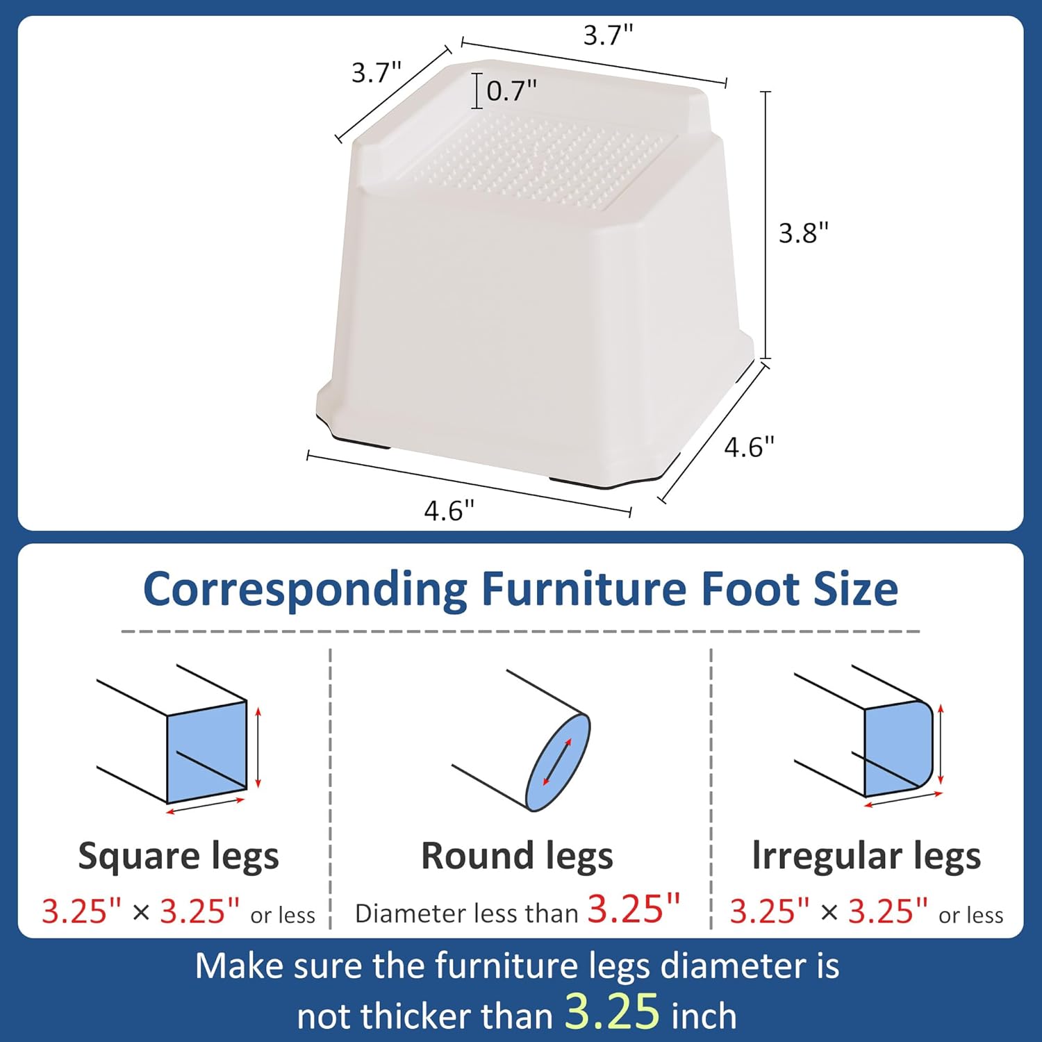 L Shape Bed Risers 4 Inch Heavy Duty, Furniture Risers for Bed Frame, Couch, Desk, Cabinet, Chair, Lifts Up to 1,500 lb, Set of 9, White