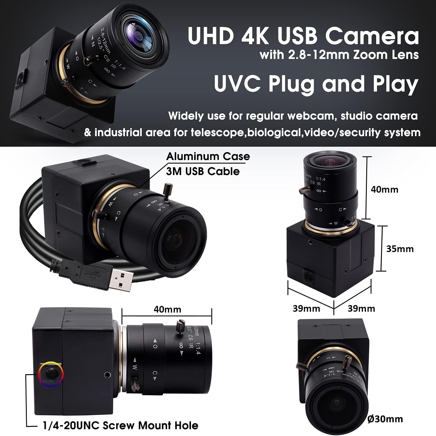 SVPRO USB Camera 4K Ultra HD Webcam with Zoom Lens 2.8-12mm,Manual Focus Camera 3840x2160 30fps Sony IMX415 Sensor Camera USB UVC Video Camera for Mac/Windows/Linux/Android