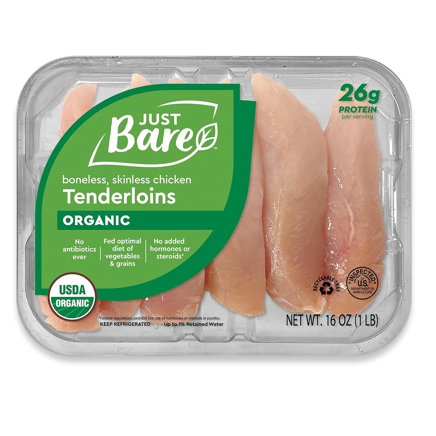 Just Bare® USDA Organic Fresh Chicken Tenders | No Antibiotics Ever | Boneless | Skinless | 1.0 LB