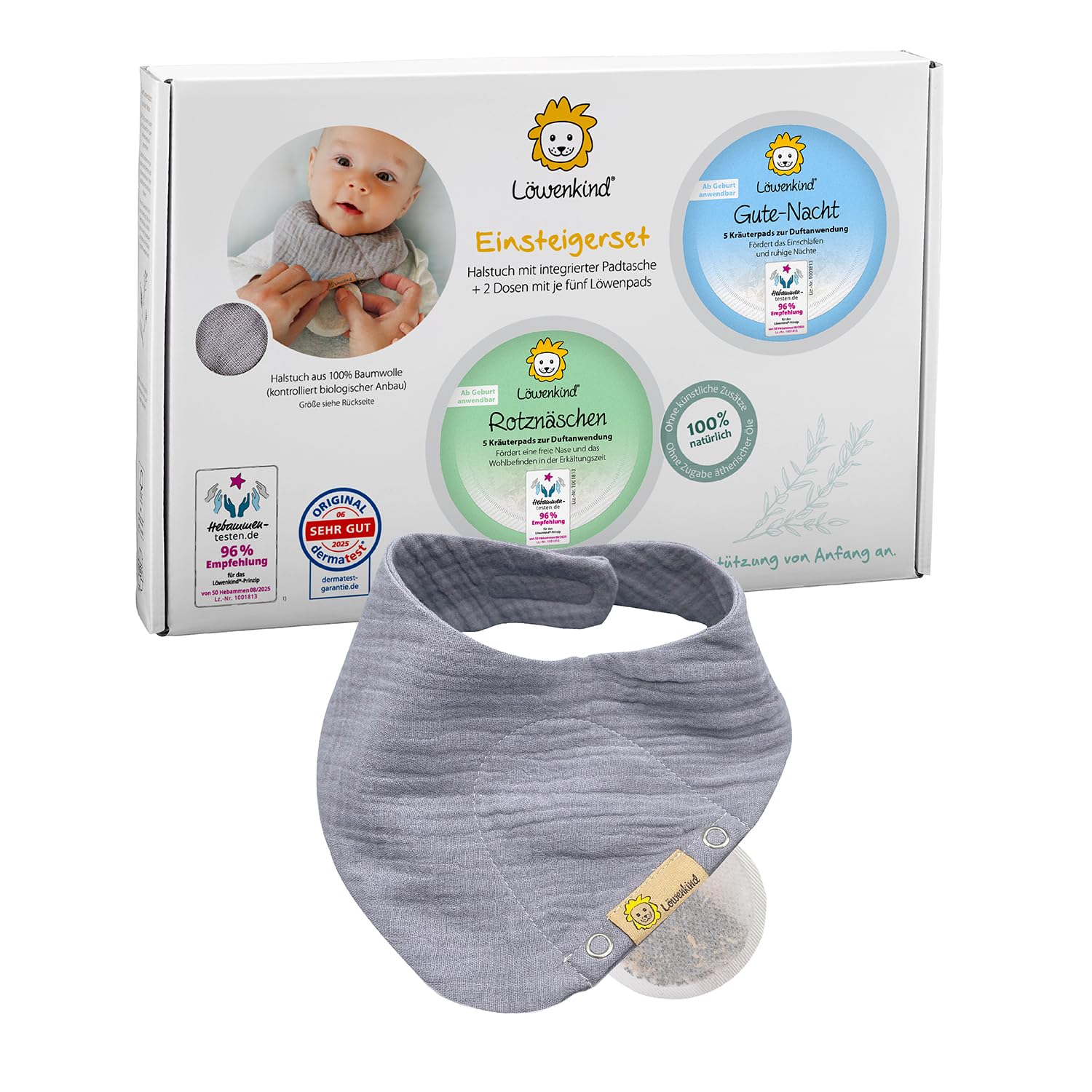 Löwenkind Einsteigerbox "Mini" grau mit Rotznäschen- und Gute-Nacht-Pads zur natürlichen Unterstützung bei verstopfter Nase und Schlafproblemen bei Babys und Kleinkindern bis 4 Jahren