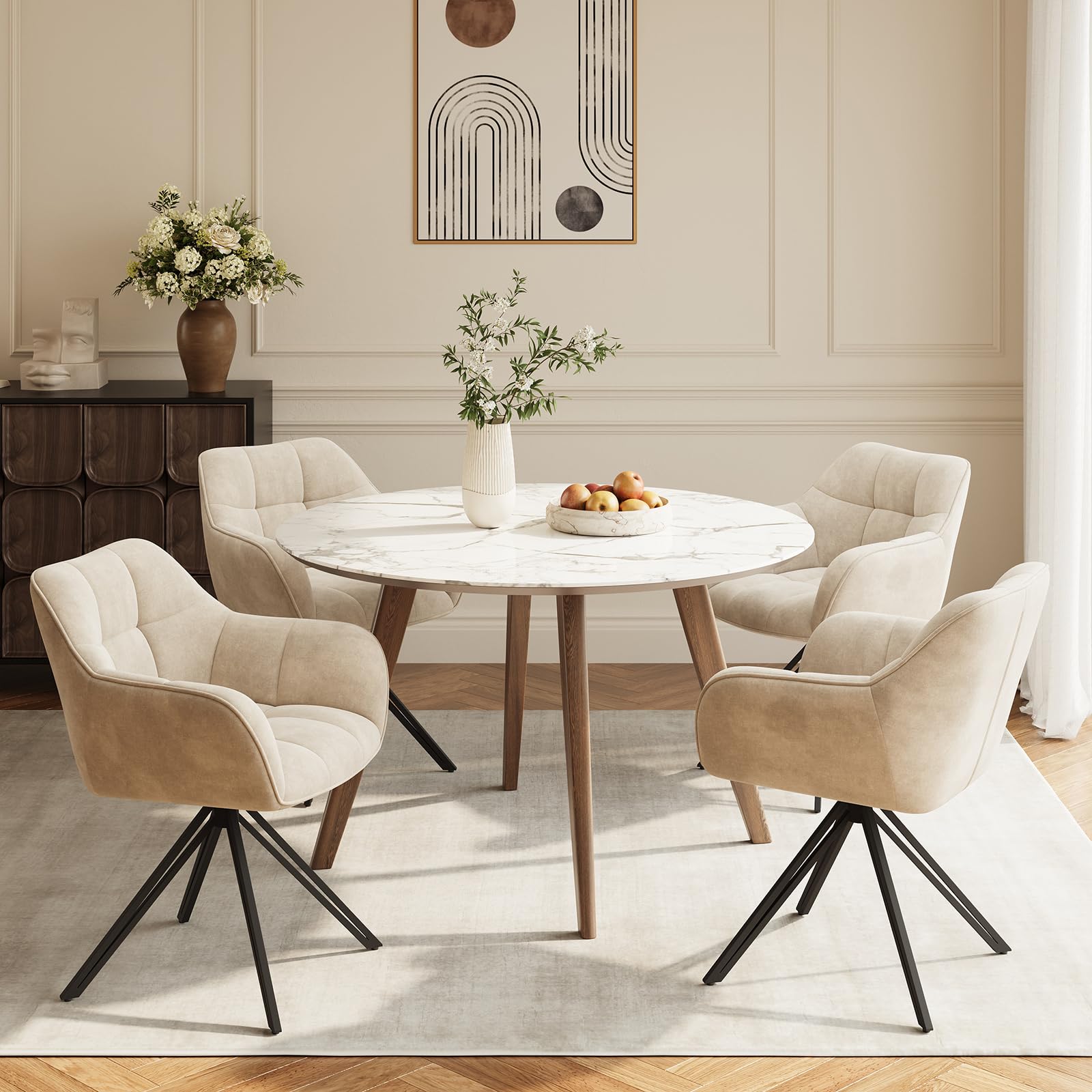 COLAMY Drehstühle für Esszimmer, 4er Set, Drehbare Polsterstühle mit Armlehnen und Rückenlehne, Bequeme Küchenstühle für Wohnzimmer & Essbereich, Beige