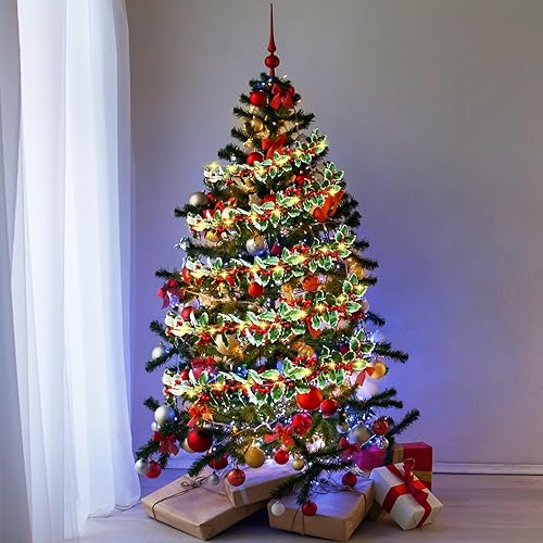 Miniatura 4 de Syhood Guirnalda de bayas de Navidad de 6 pies, guirnalda de hojas de acebo iluminada para interiores, guirnalda artificial de otoño, decoración de