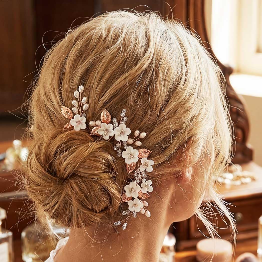 Casdre Flower Bridal Hair Pins Pearl Bride Wedding Hair Accessories Rhinestone Hair Piece for Women and Girls(Pack of 3) (C Rose Gold) - Image 4