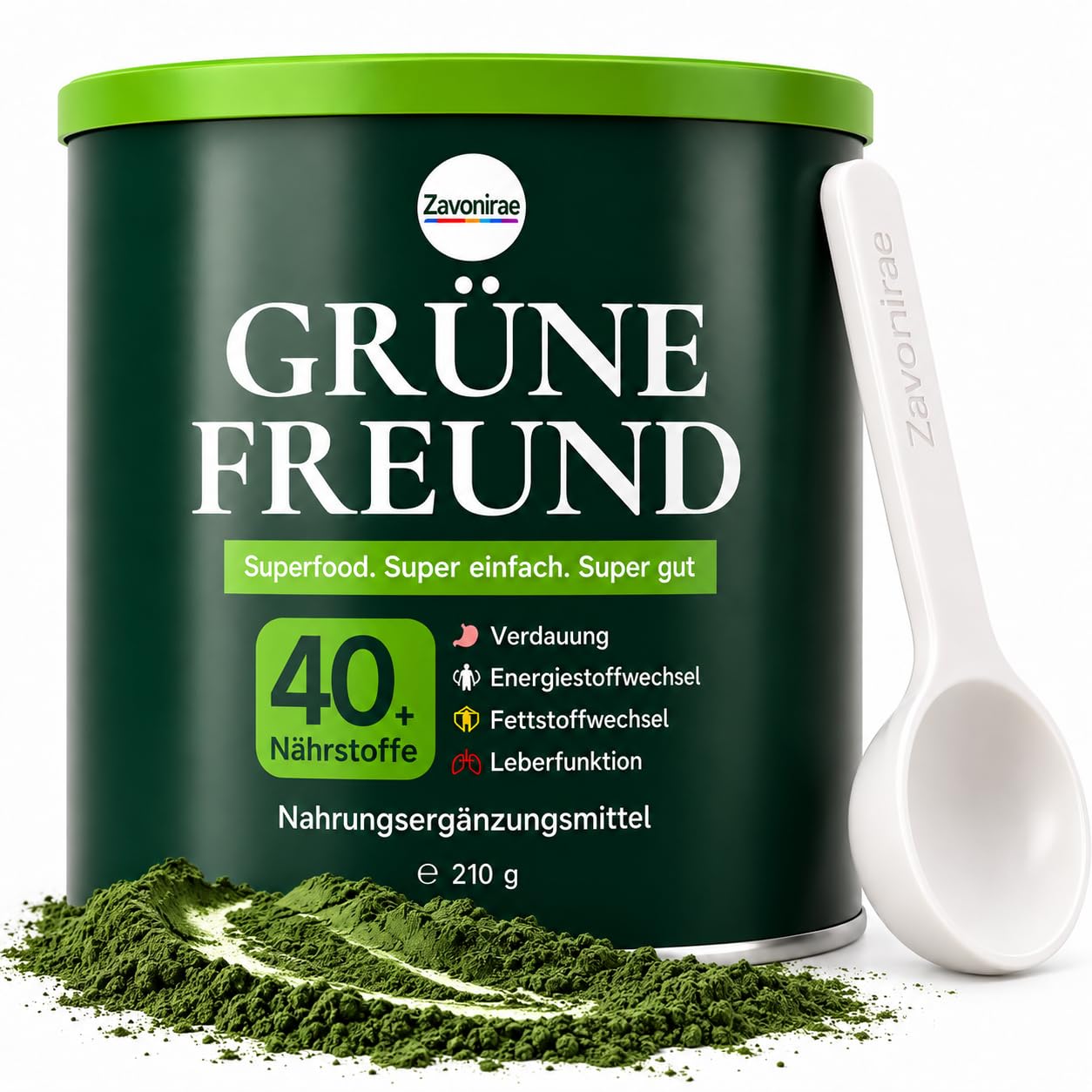 Grüne Entgiftungspulver, Grünes Superfood Pulver Helfer – 40+ Nährstoffe, Probiotika & Superfoods – Mit Spirulina, Chlorella & Gerstengras – Vegan, 210g, 30 Portionen – Inkl. Messlöffel