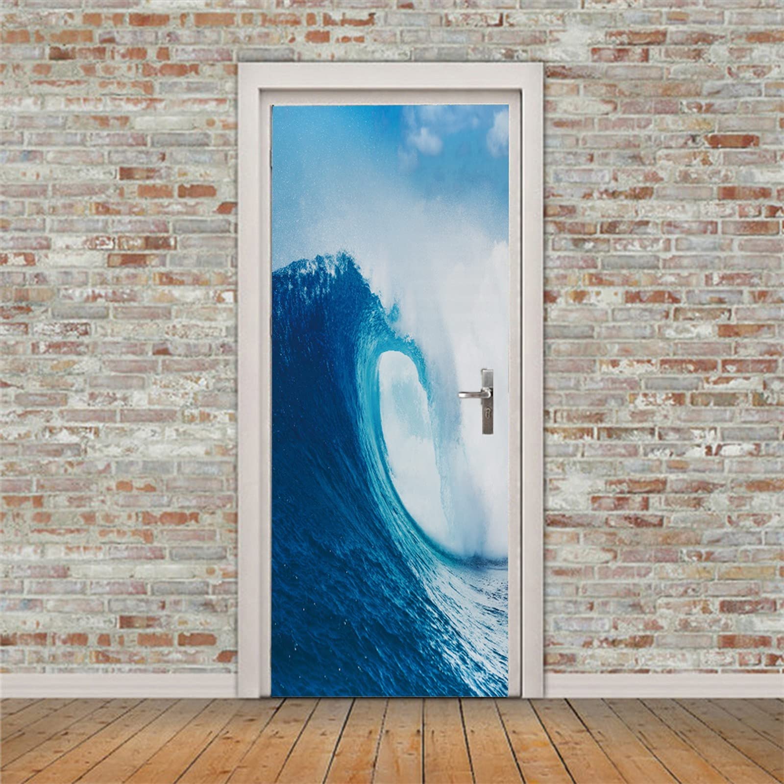 A.Monamour Sticker Porte Autocollant Poster De Porte 3D Bleu Lac Eau Cascade Nature Paysage Vinyle Affiche