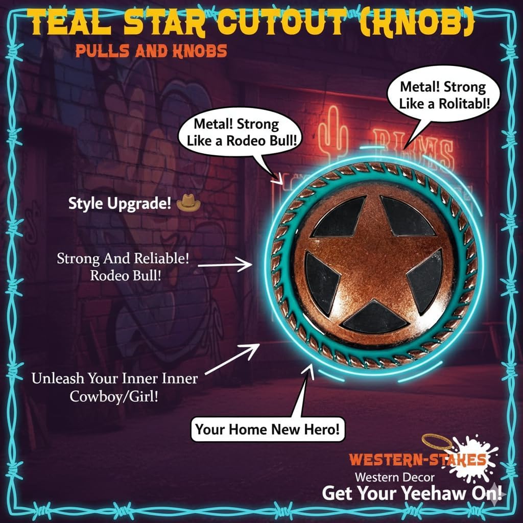 Urbalabs Teal Star Cutout Cast Iron Kitchen Cabinet Handles and Drawer Pulls Western Concho Cross Horseshoe and Star Country Home Rustic Decor Farmhouse Cabinet Handle Cabinet Knobs (12 Pack Knobs)