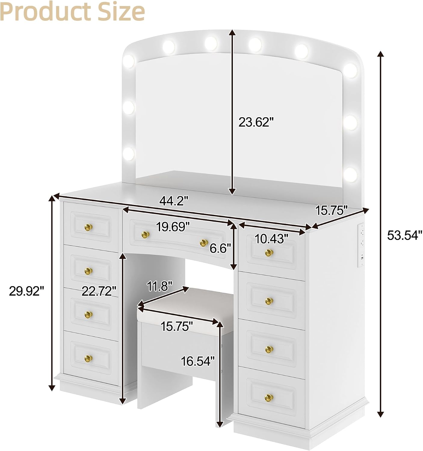 Makeup Vanity with LED Mirror & Power Outlet, 44.5" Vanity Desk with Storage Flip-Up Stool & 9 Storage Drawers, 3 Color Modes Available - Ideal Makeup Table for Bedroom, White