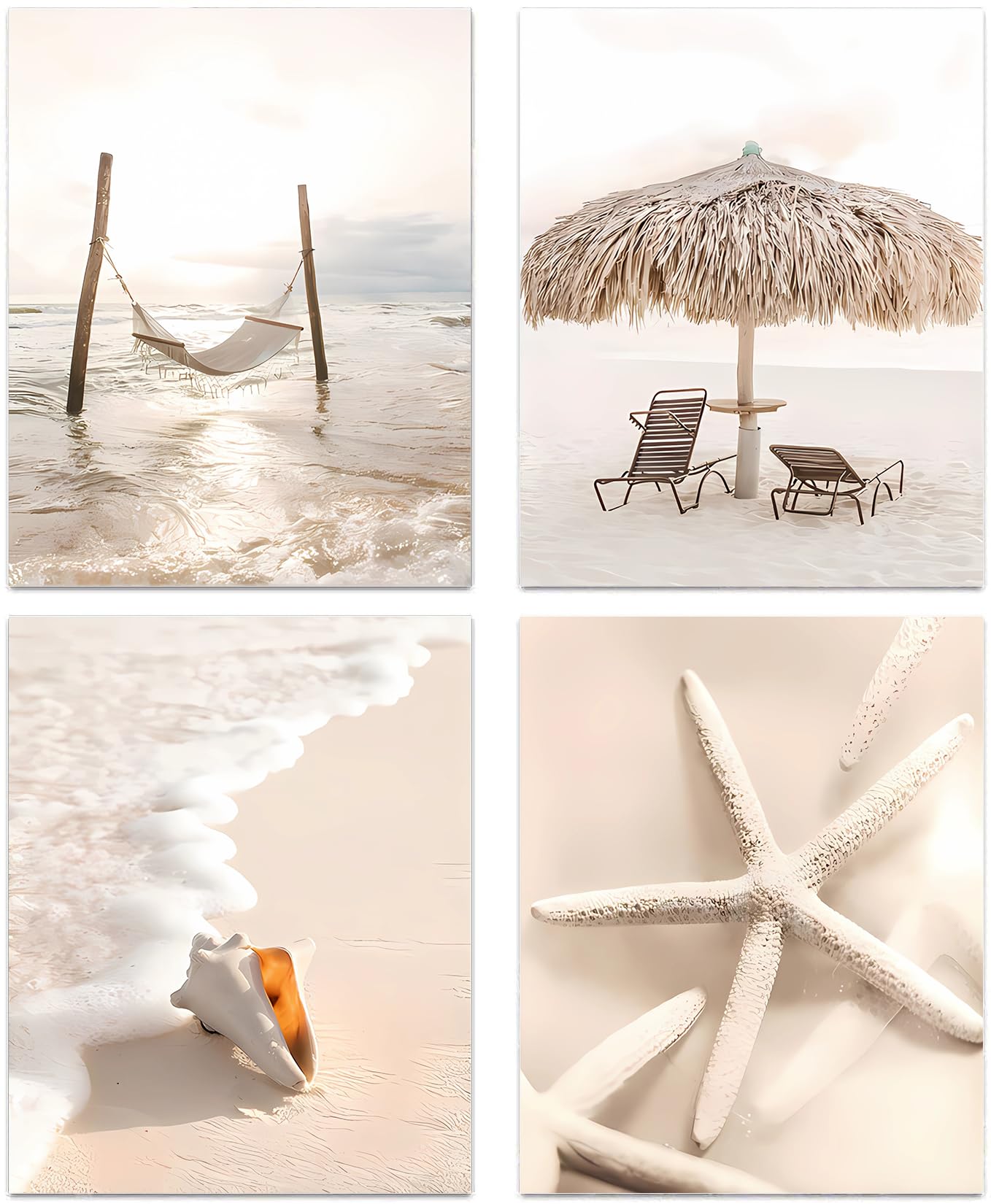 NIIORE Beige Beach Starfish Shells Reeds Wall Art, Beach Sea View Wall Decoration, Set of 4-(8"x10" Unframed)