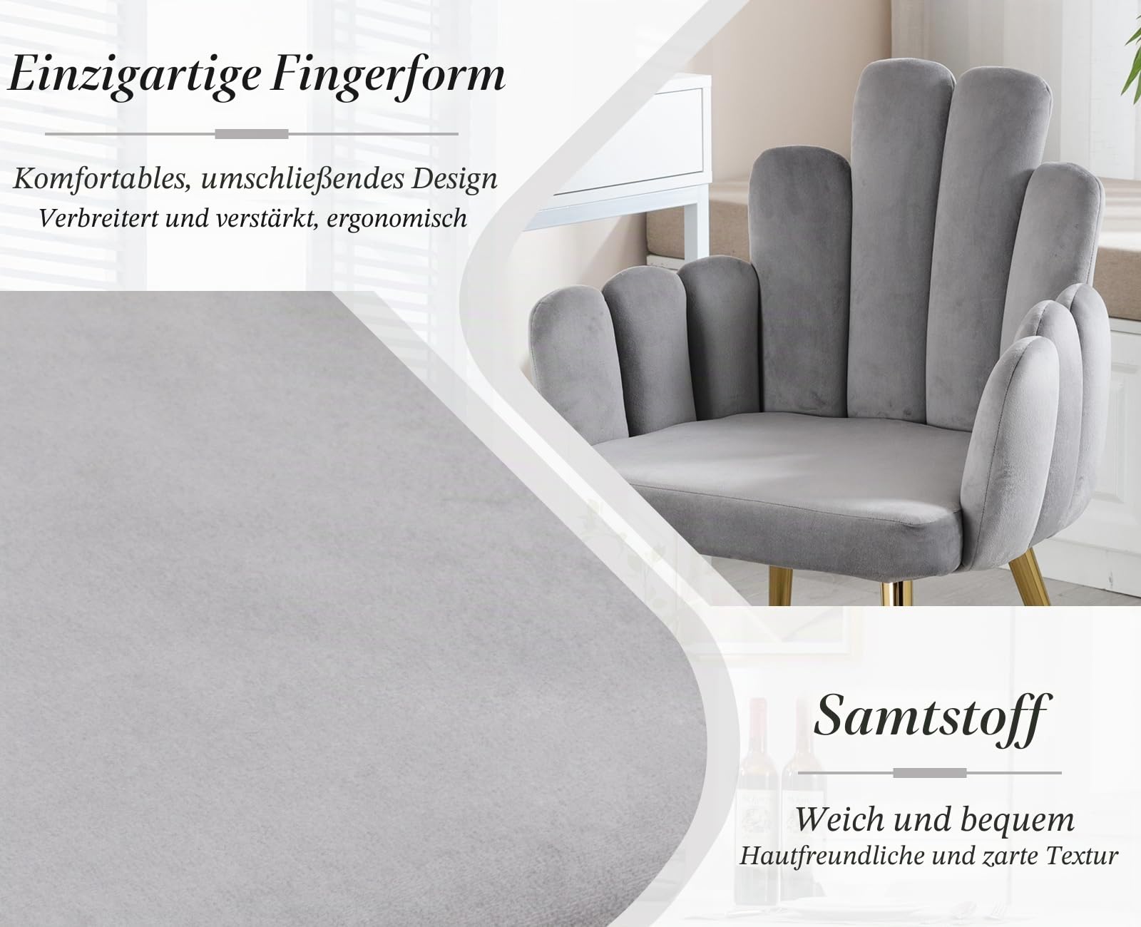 Ya-Home Esszimmerstühle 2er Set, Küchenstühle Samt, Muschel-Design, Grau