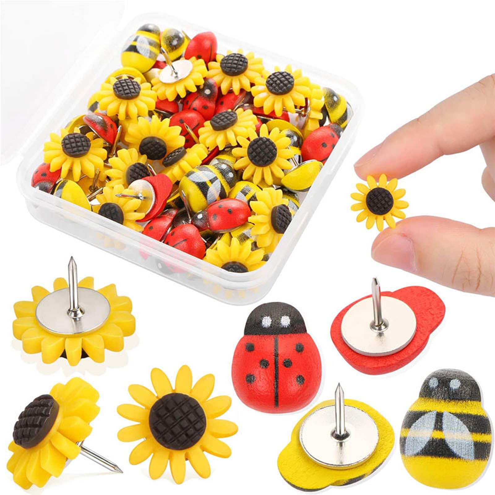 30 Pcs Little Bee Sunflower Ladybug Push Pin,Cute P ins For Pinboard, Cute Pins For Pinboard, Decorative Pin， Suitable For Office And School Push Pins
