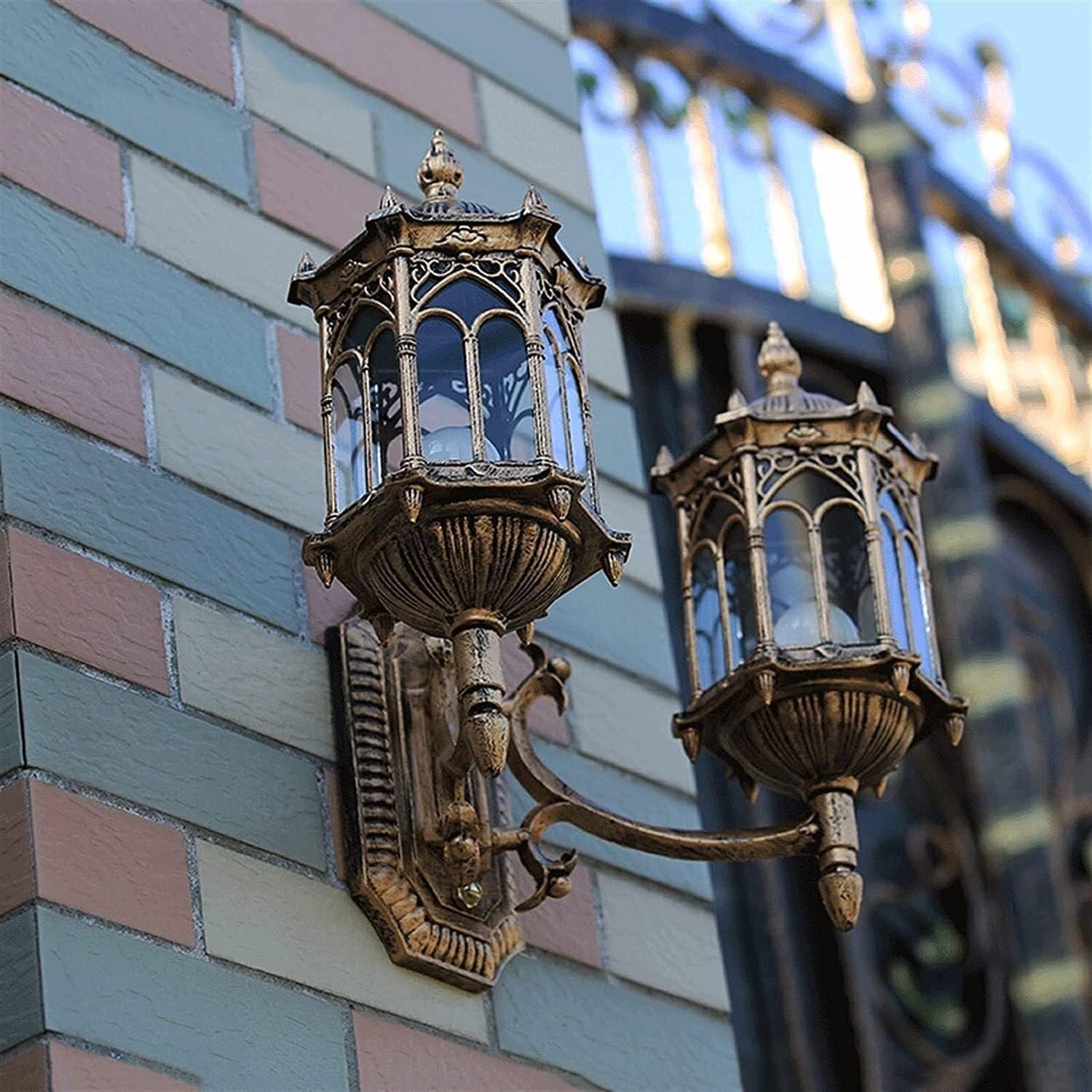 Wejścia Lampa Zewnętrzna Podwójna Głowica Kinkiet Zewnętrzny Aluminiowy Europejski Styl Wodoodporny Szklany Taras Lampa Ogrodowa Oświetlenie Ogrodu(Bronze)
