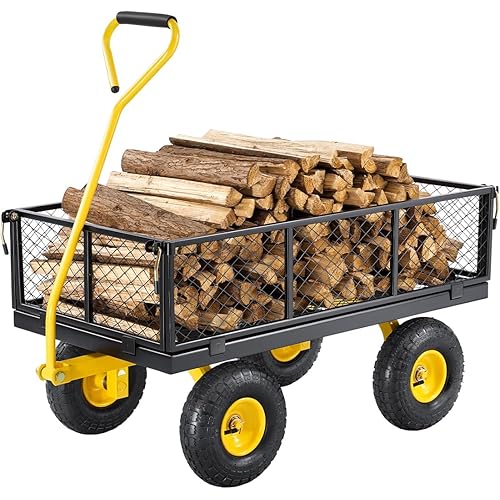 VEVOR 900 Lbs Heavy Duty Steel Garden Cart, Garden Wagon Cart on Wheels, Outdoor Metal Yard Utility Wagon Carts with 10" Tires and Mesh Removable Sides(Convert to Flatbed) and 180°Rotating Handle