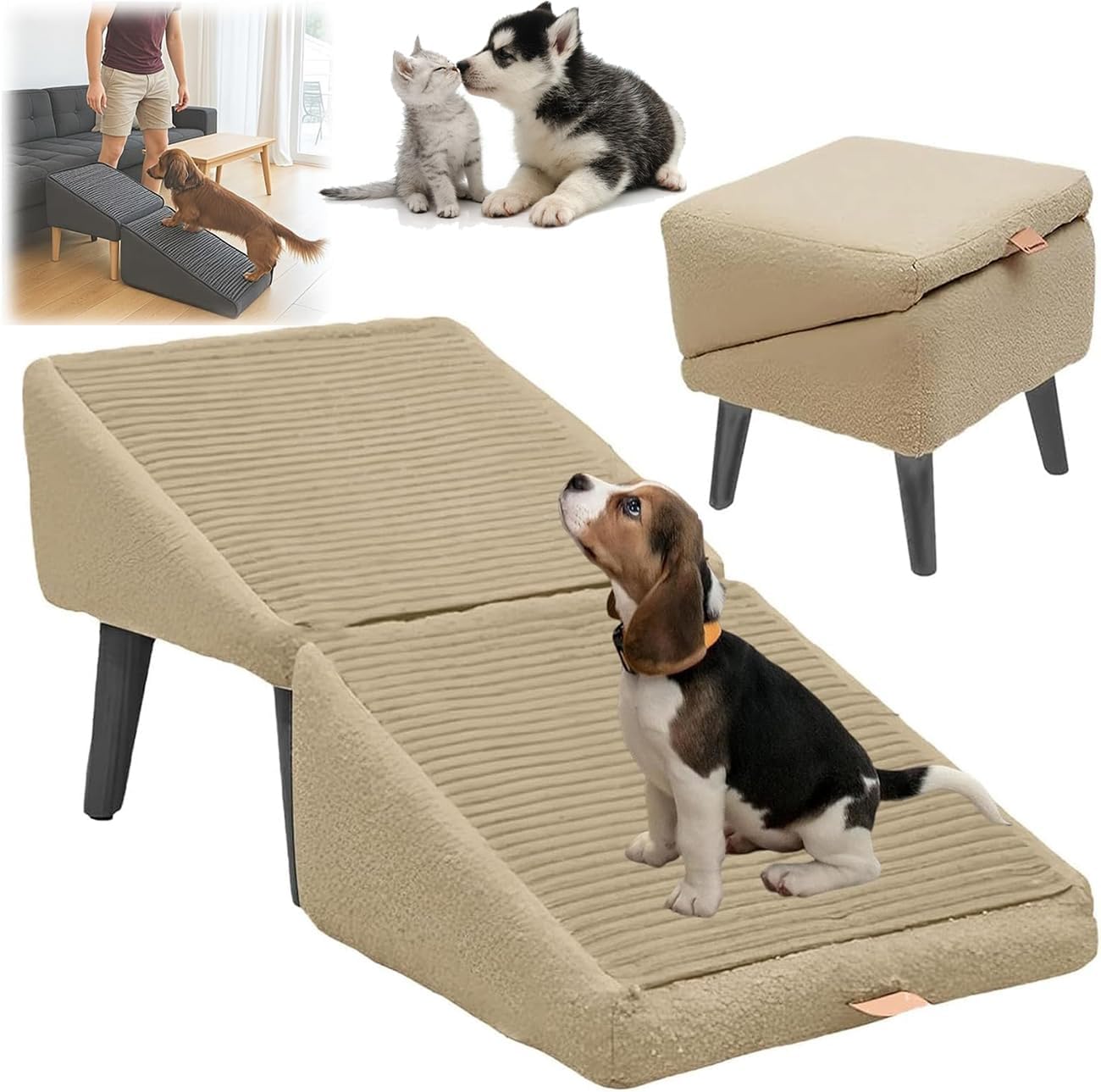 Dog Ramp Ottoman, Split Ottoman Dog Ramp, 2-in-1 Folding Pet Stairs for Large Dogs, Multi-Functional Storage Footrest, Lightweight Dog Couch Ramp Porch Steps Khaki,30x30x20cm