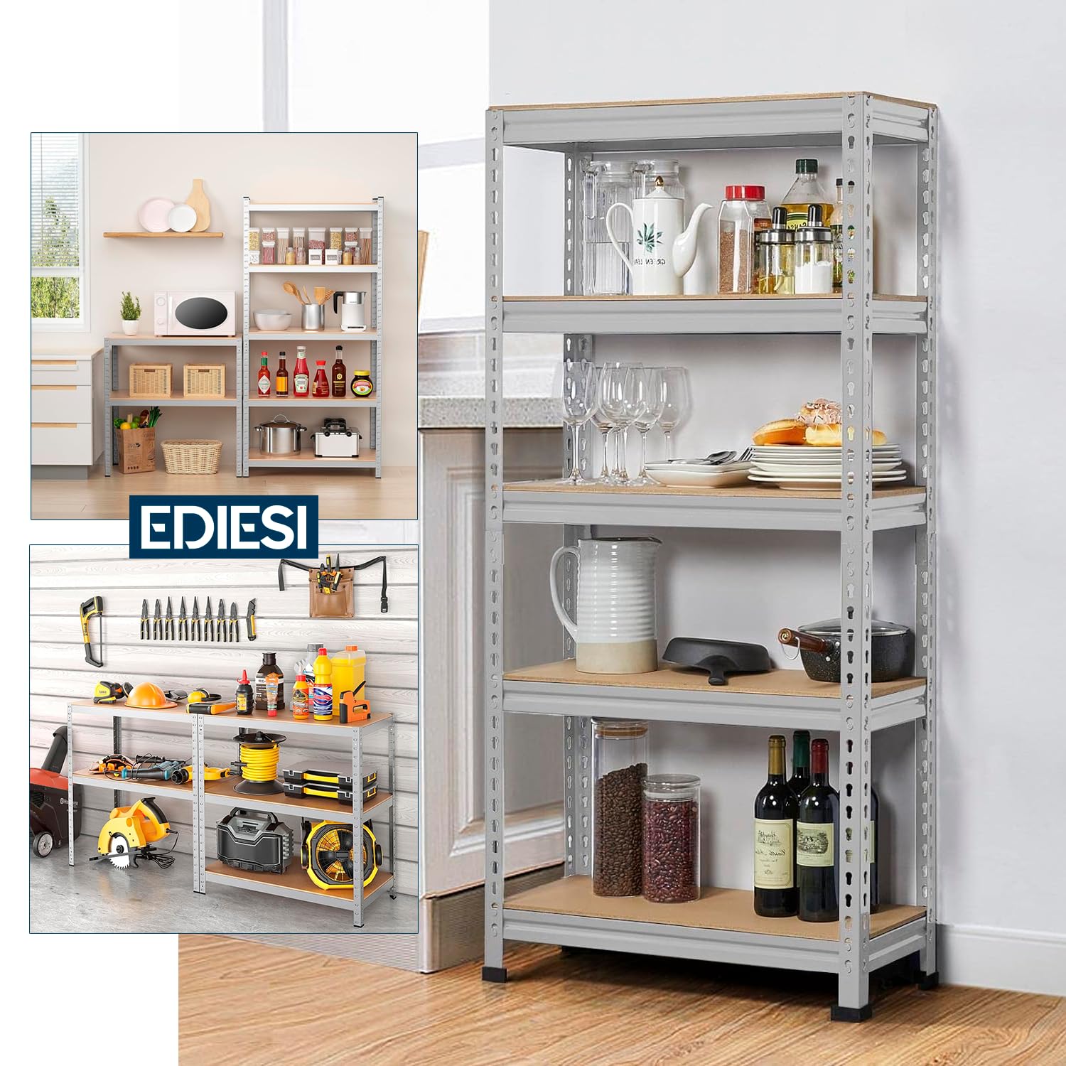 EDIESI, Estanterias Almacenaje, 180 x 90 x 40 cm, Metalicas, Galvanizadas, Material MDF, para Hogar, Trastero, Garaje, 5 Baldas Ajustables, Carga Máxima 875 kg (2 Unidades) — view 6