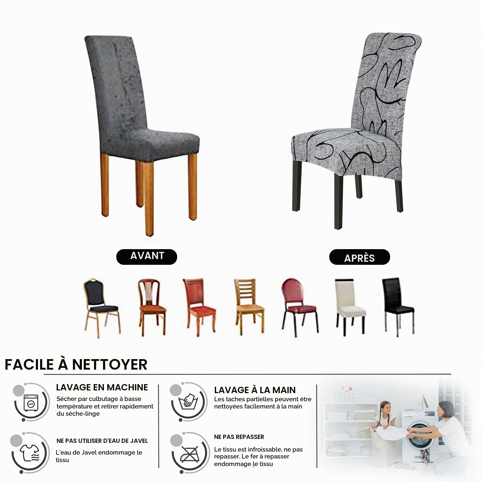 Jaotto Housse de Chaise de Salle à Manger XL,Housse de Chaise Extensible Lot de 6,Couverture de Chaise Grande Universelle Lavable,Facile à Nettoyer pour Décor Salle à Manger Salon(Style Gris,6 Pièces)