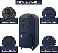 Vista 5 de Bukere Cesta de lavandería grande con ruedas, 4 ruedas y 2 asas, bolsa de lavandería con ruedas plegable independiente para ropa, apartamento