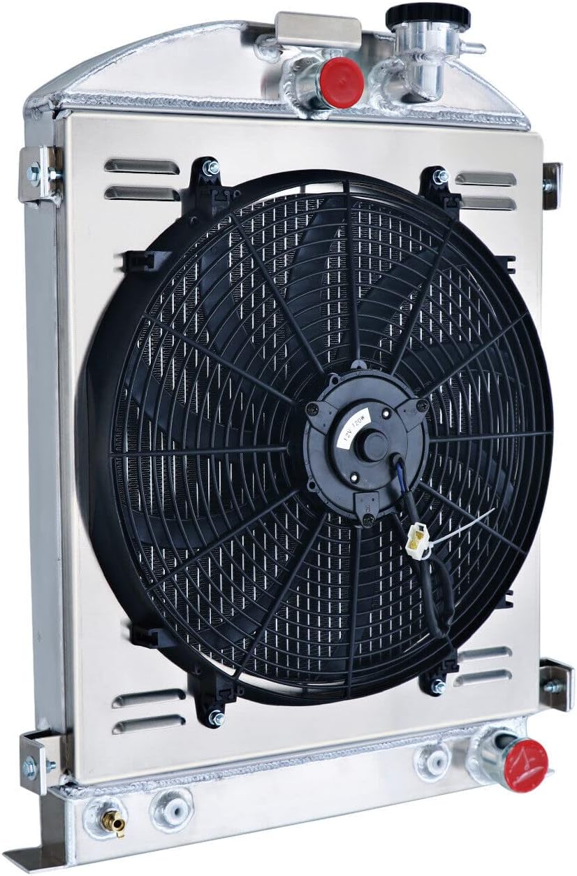 3 Row Radiator For 1928 1929 1930 1931 Ford Model A Grille Shells Chevy GM V8, Aluminum 3 Row Core Downflow Radiators Shroud 16" Fans Relay AT