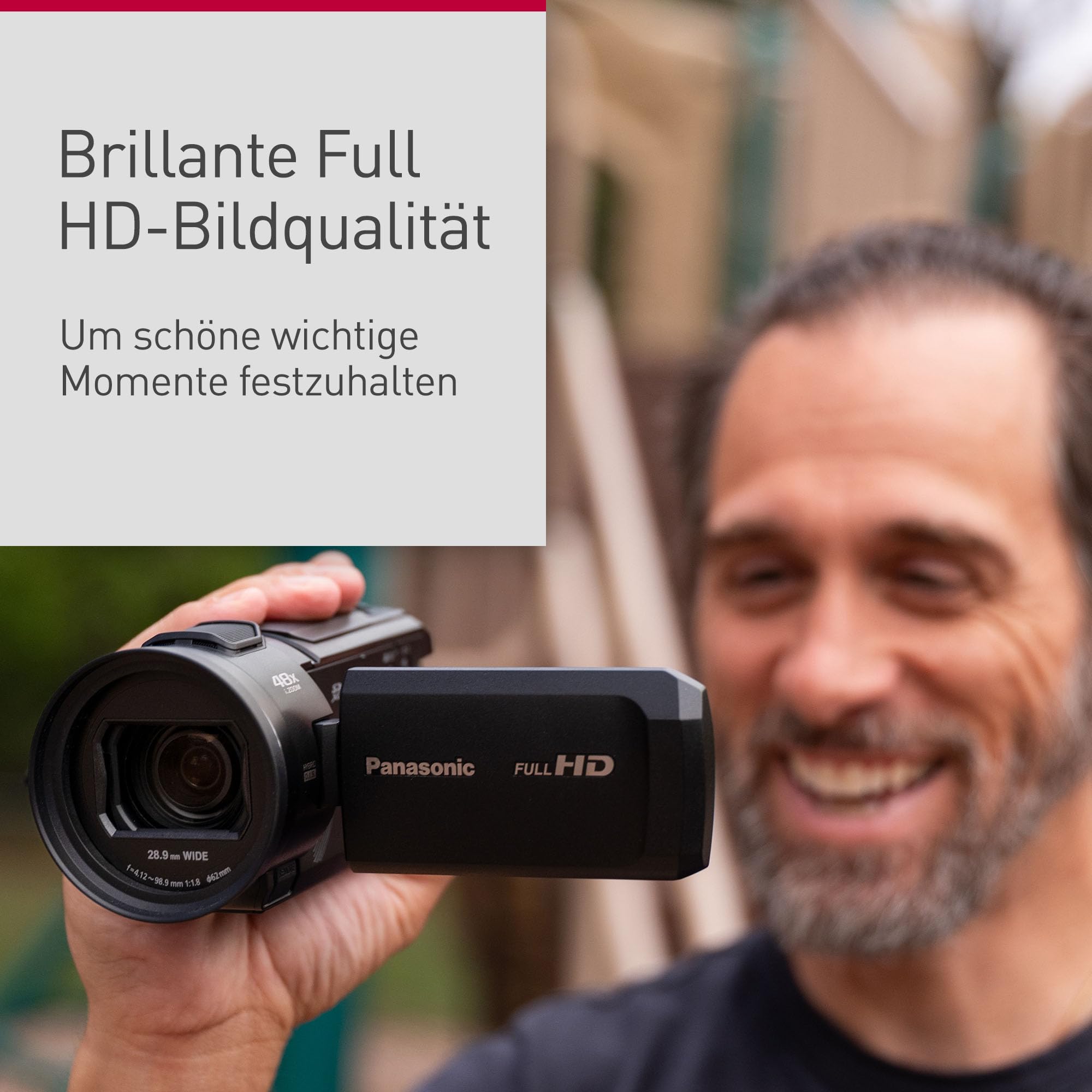 Panasonic HC-V900E-K Full-HD-Camcorder, 25mm F1.8 Weitwinkelobjektiv, 24x optischer Zoom, Hybrid OIS+, HDR, Schwarz