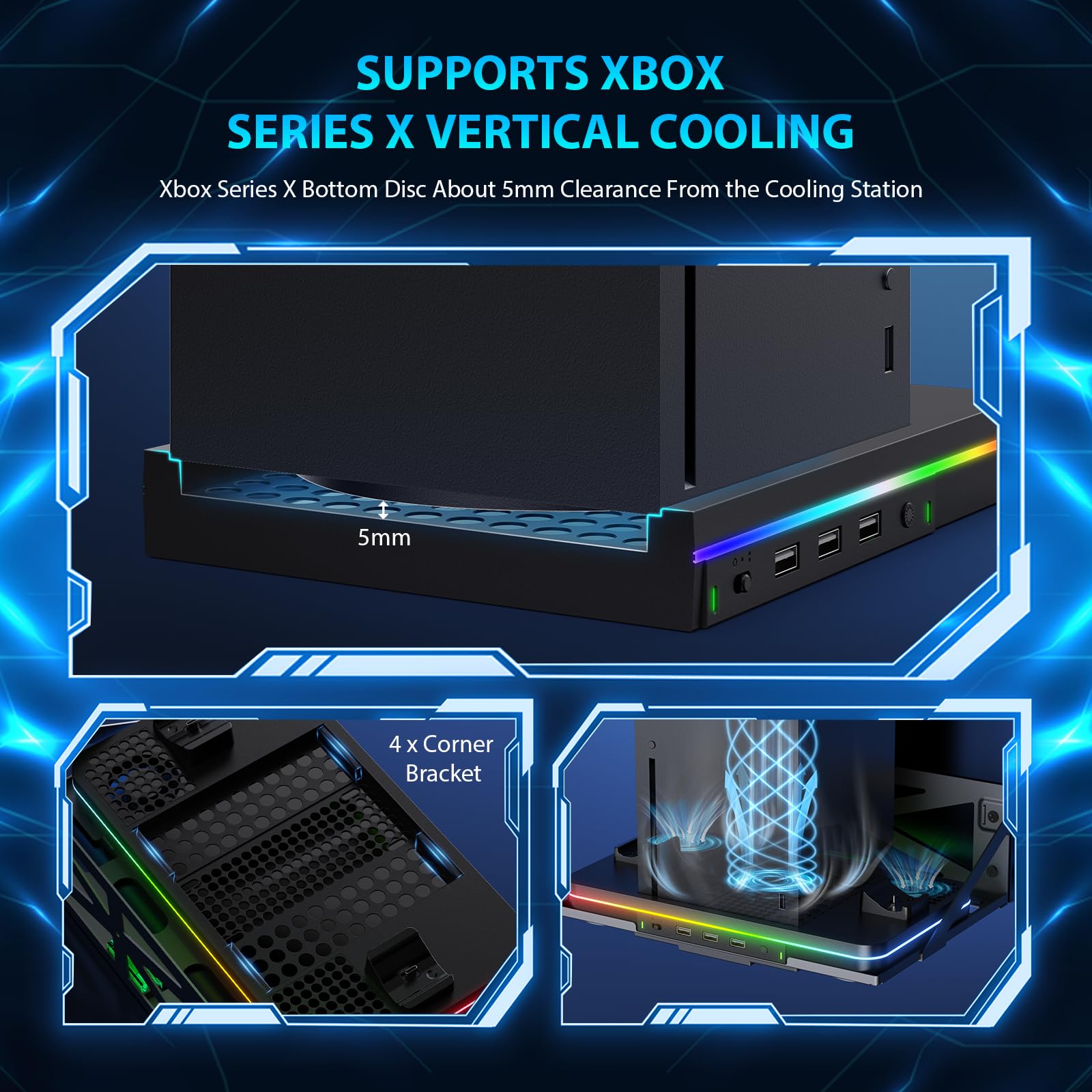 Soporte de pared con ventilador de refrigeración para Xbox Series X/S, estación de carga vertical de doble controlador con 2 baterías recargables de 1100 mAh para accesorios de consola Xbox, 3 puertos