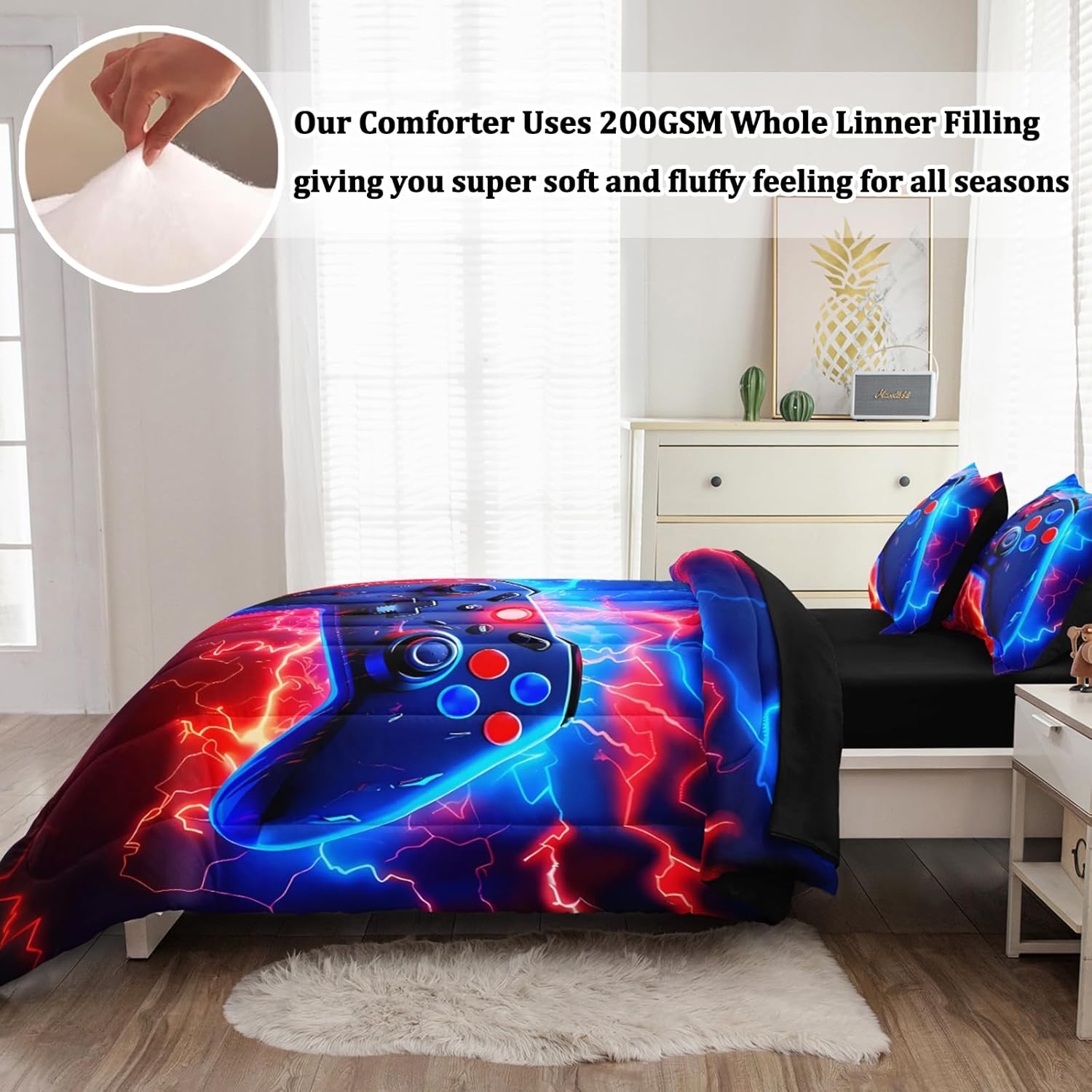 Gamer Full Bedding Sets for Boys Teen, 3 Pcs Full Size Gaming Comforter Set for Boys,Red Blue Lightnings Full Szie Bedding Set
