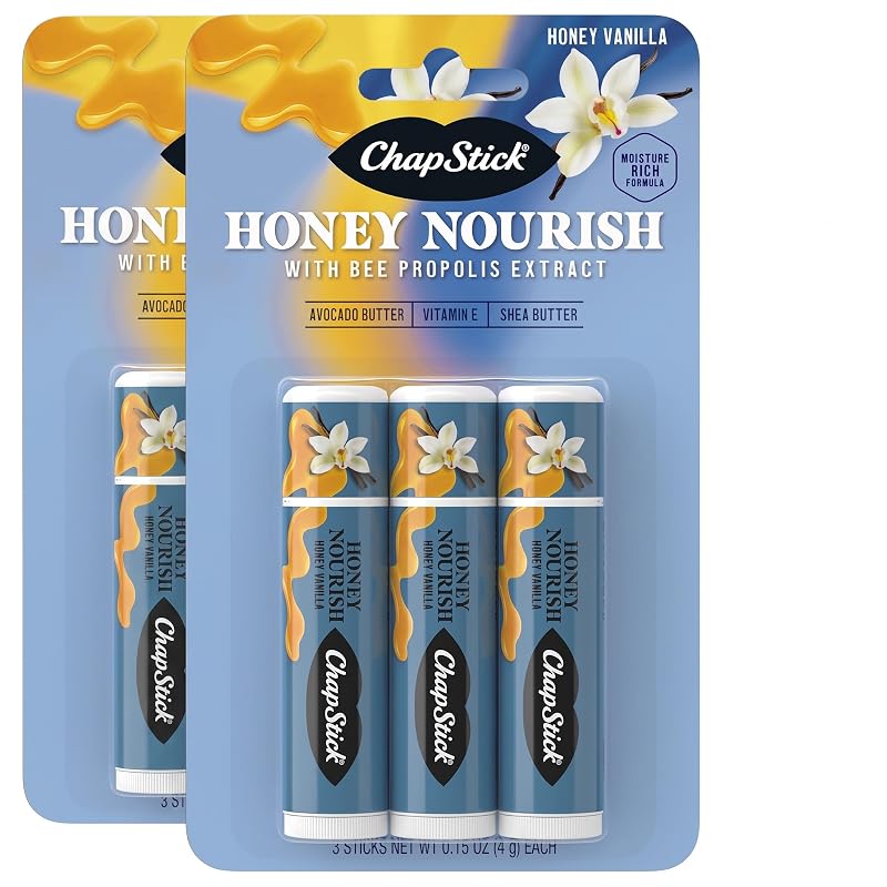 Bálsamo labial ChapStick Honey Nourish com manteiga de karité, manteiga de abacate e vitamina E, fragrância Honey Vanilla, pacote com 2 conjuntos de 3 unidades