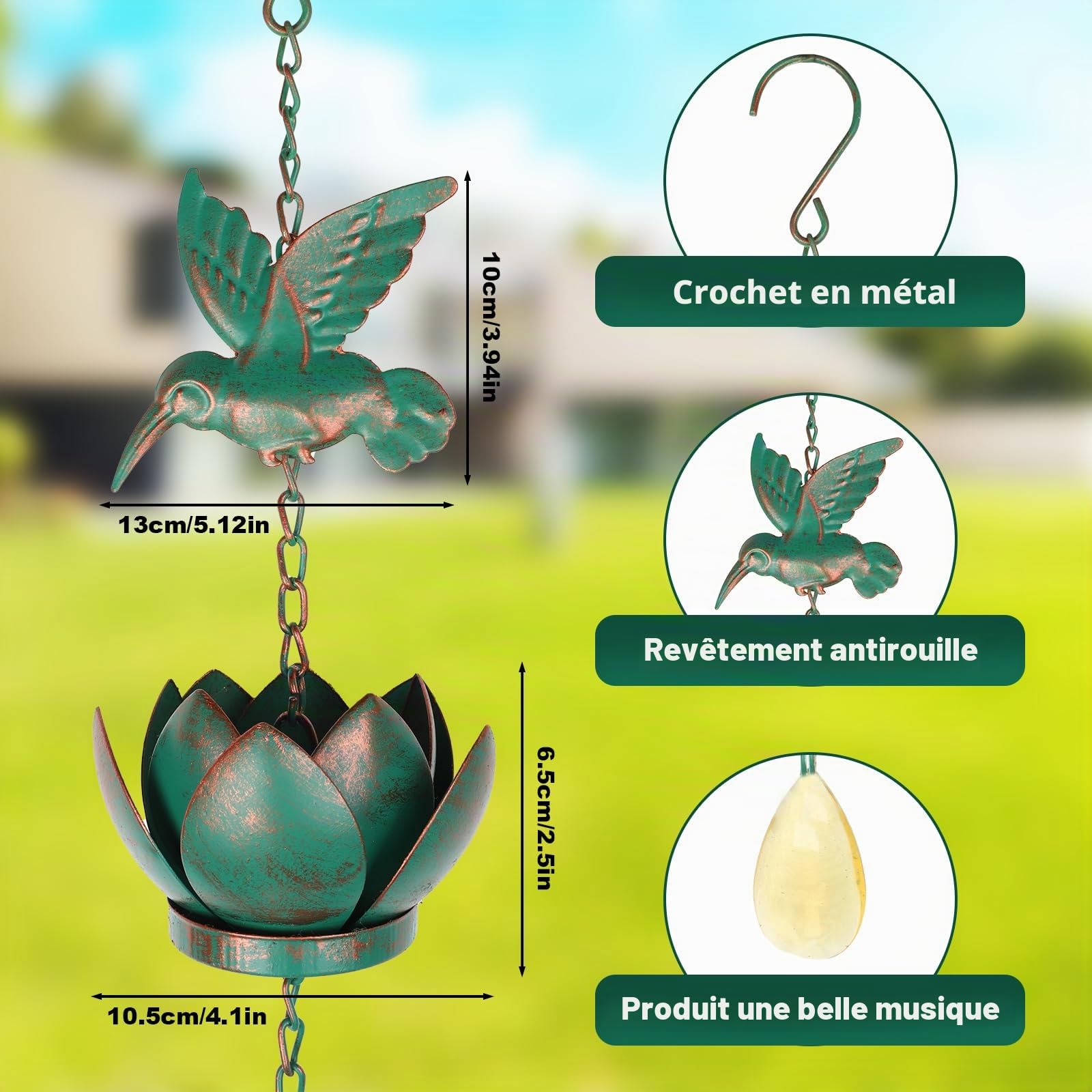 Tefola Chaîne de pluie en métal en forme de feuille bleue de 2,6 m avec 12 feuilles, collecteur de pluie décoratif de remplacement pour descente de gouttière, pour décorer votre maison, jardin et