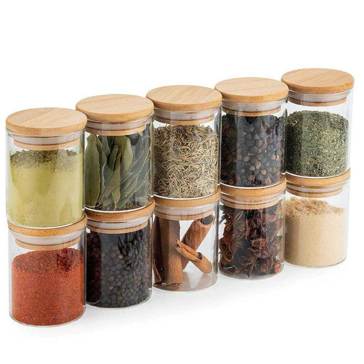 Kit 10 Potes Porta Mantimentos De Vidro Tampa De Bambu 200ML