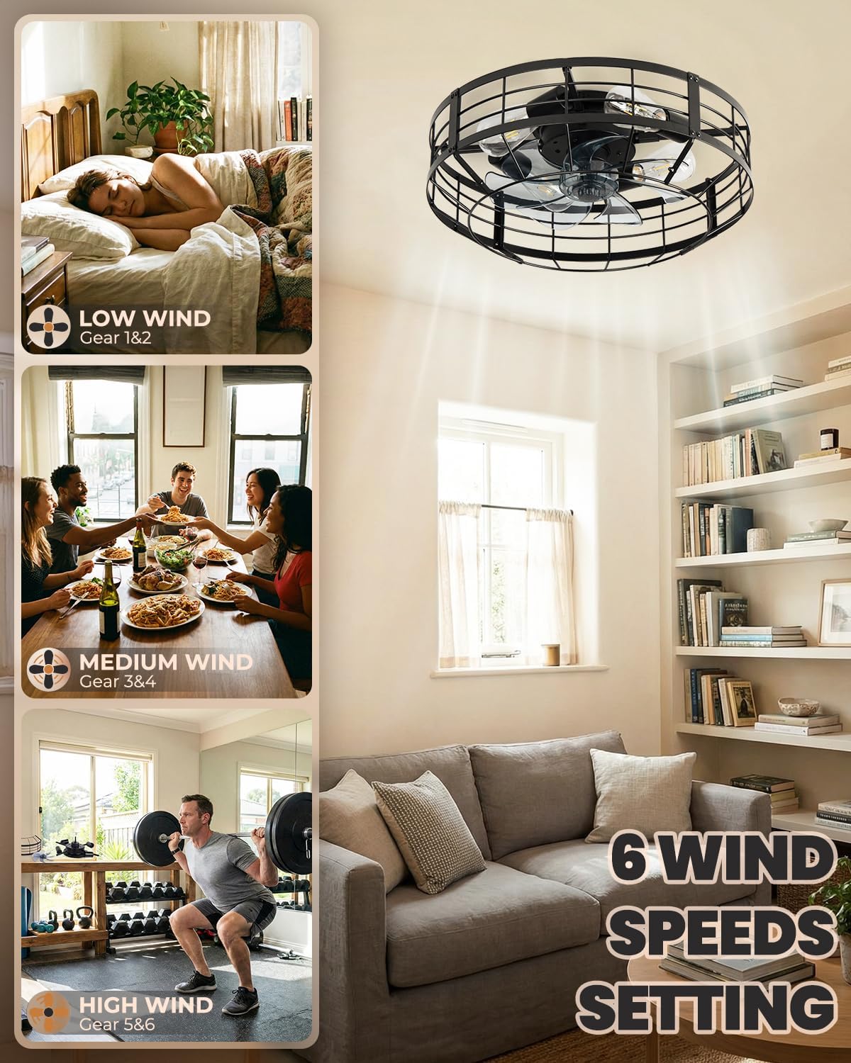 20 In Farmhouse Caged Ceiling Fan with Light and Remote, Bladeless Flush Mount Fan Lights Ceiling Fixtures, Need Assembly, 6 Speeds Reversible Motor Indooor Lights for House Kitchen, Bedroom, Black