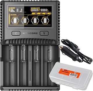 Nitecore SC4 Superb Charger with USB Output Includes Car Charger Adapter and LumentTac Battery Organizer Bundle for 18650 17650 17670 RCR123A 16340 14500 Batteries