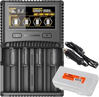 Nitecore SC4 Superb Charger with USB Output includes Car Charger Adapter and LumentTac Battery Organizer Bundle for 18650 17650 17670 RCR123A 16340 14500 Batteries