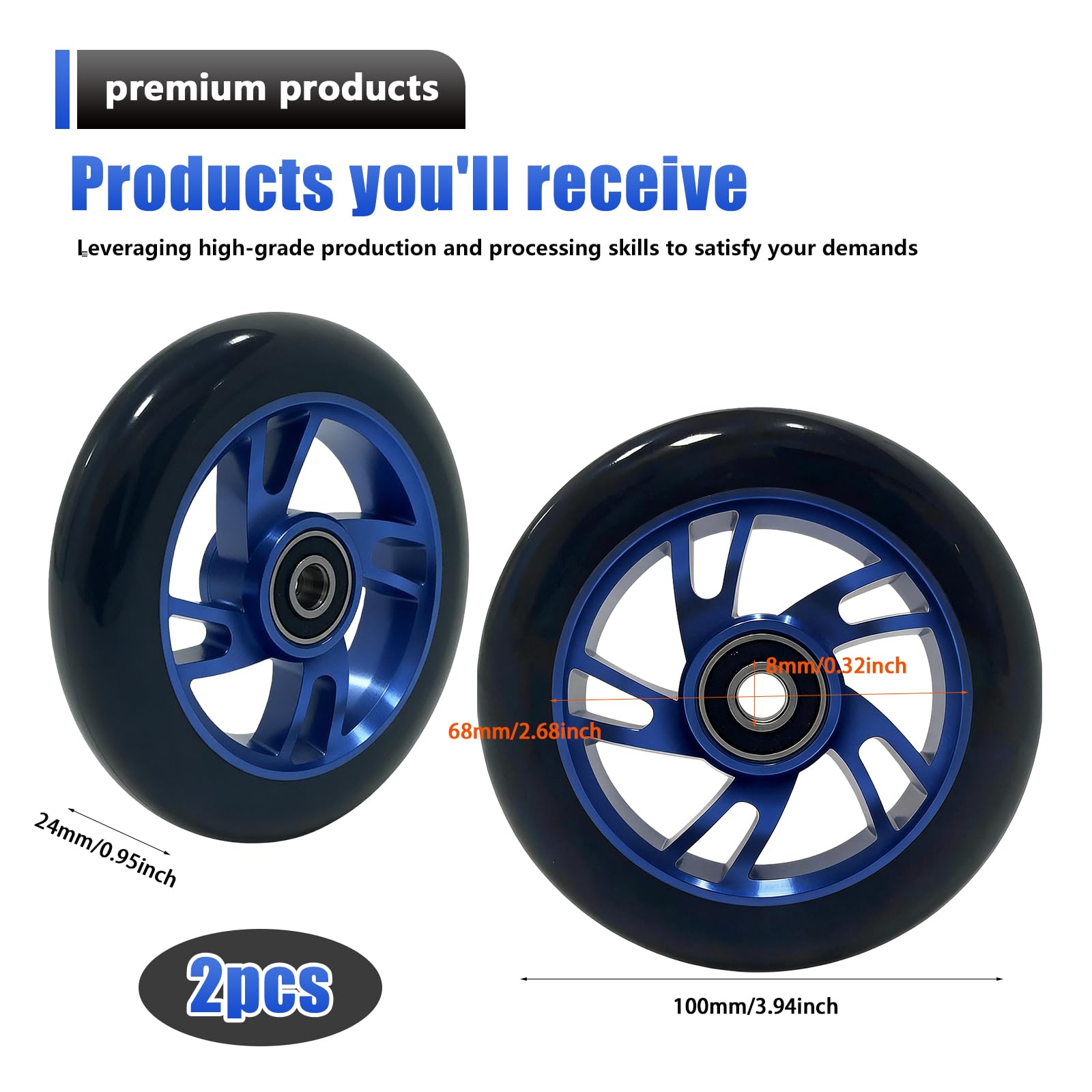 2 ruote per stunt scooter 100 × 24 mm: in poliuretano di alta qualità con nucleo in alluminio, ruote di ricambio robuste per stunt scooter