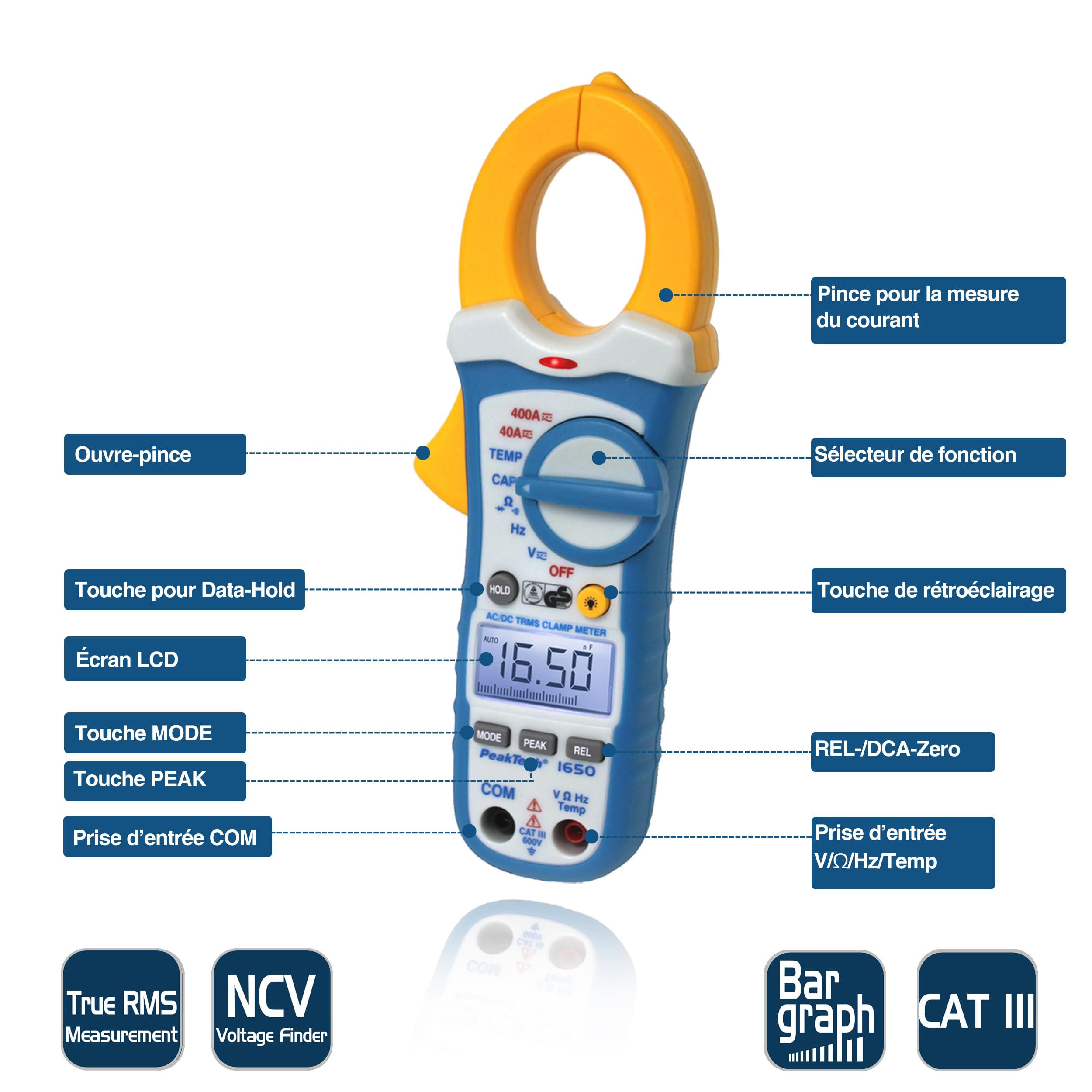 PeakTech 1650 - Pinces Ampèremétriques avec True RMS AC/DC 400A, 4000 counts, Multimètre Numérique, Voltmètre sans Contact, Ampèremètre, Testeur de Continuité - Max. 600 V