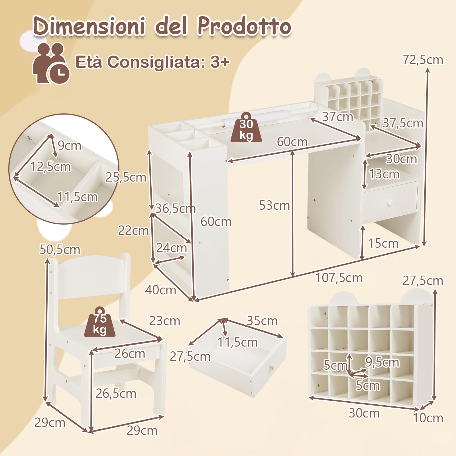 COSTWAY Set Tavolo e Sedia per Bambini 3+ con Porta Rotolo Carta Rimovibile
