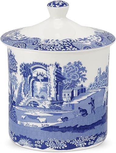 Spode Blue Italian Storage Jar  Recipiente de cocina de 7.5 pulgadas para encimera, tarro de almacenamiento grande con tapa hermética, azul y