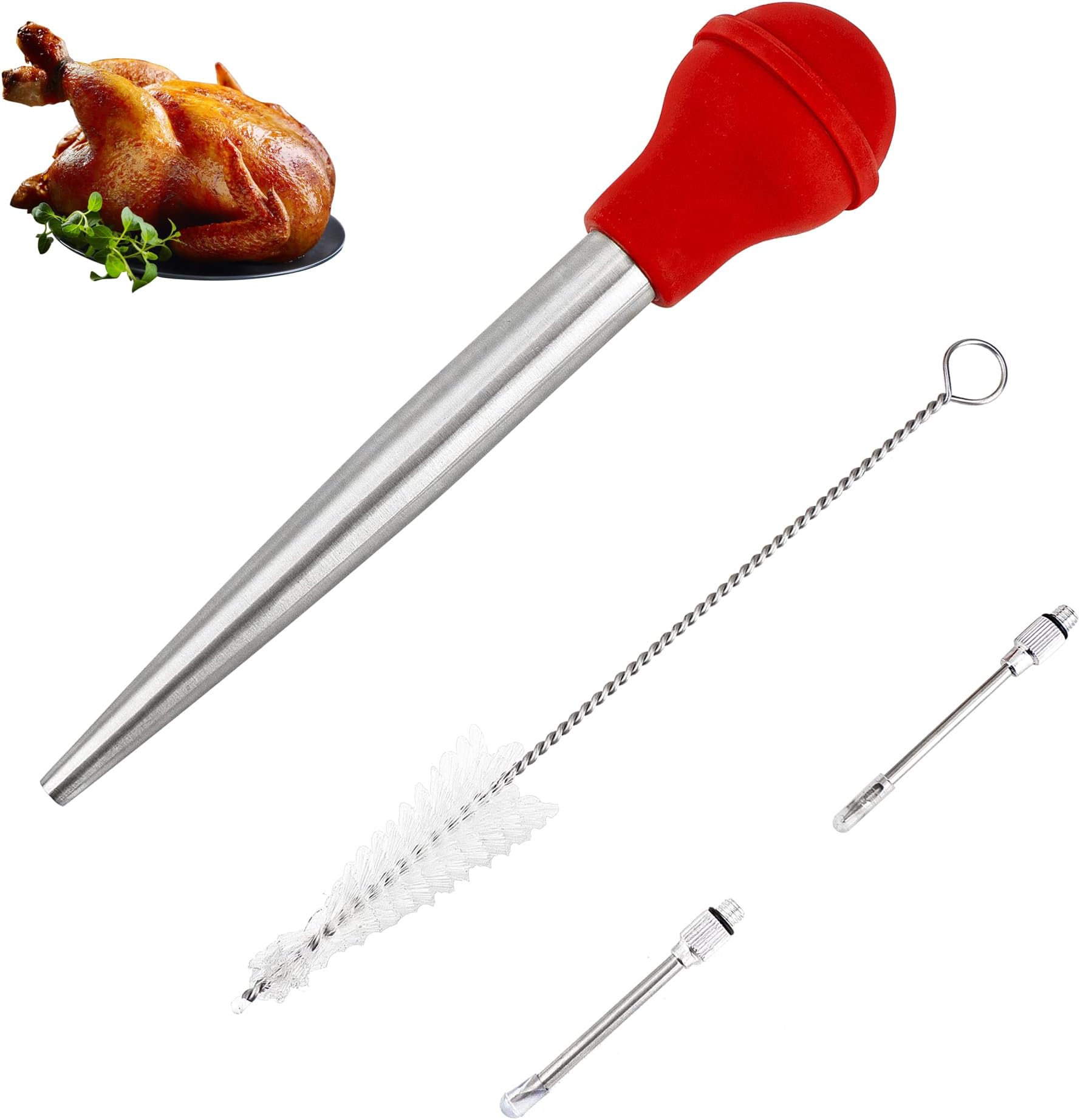 Turkey Baster Syringe for Cooking, Large Stainless Steel Meat Injector, with Cleaning Brush and 2 Marinade Needles, Red